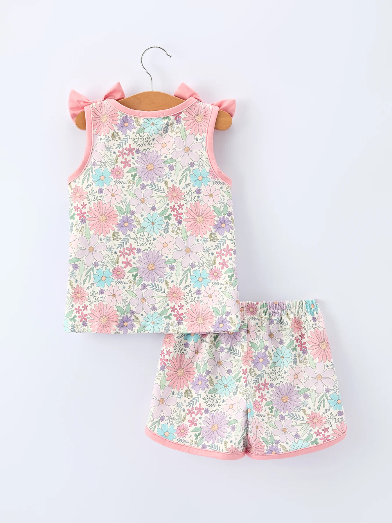 Girls Pink Floral Sleeveless Vest Top and Shorts Set - Image 2