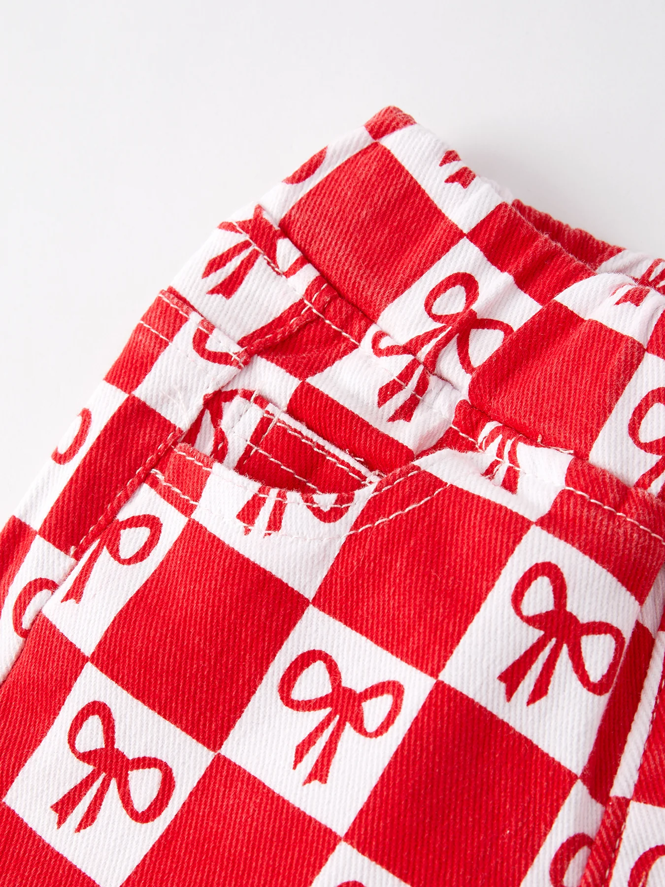 Girls Red Bow Print Plaid Flared Jeans - Image 3