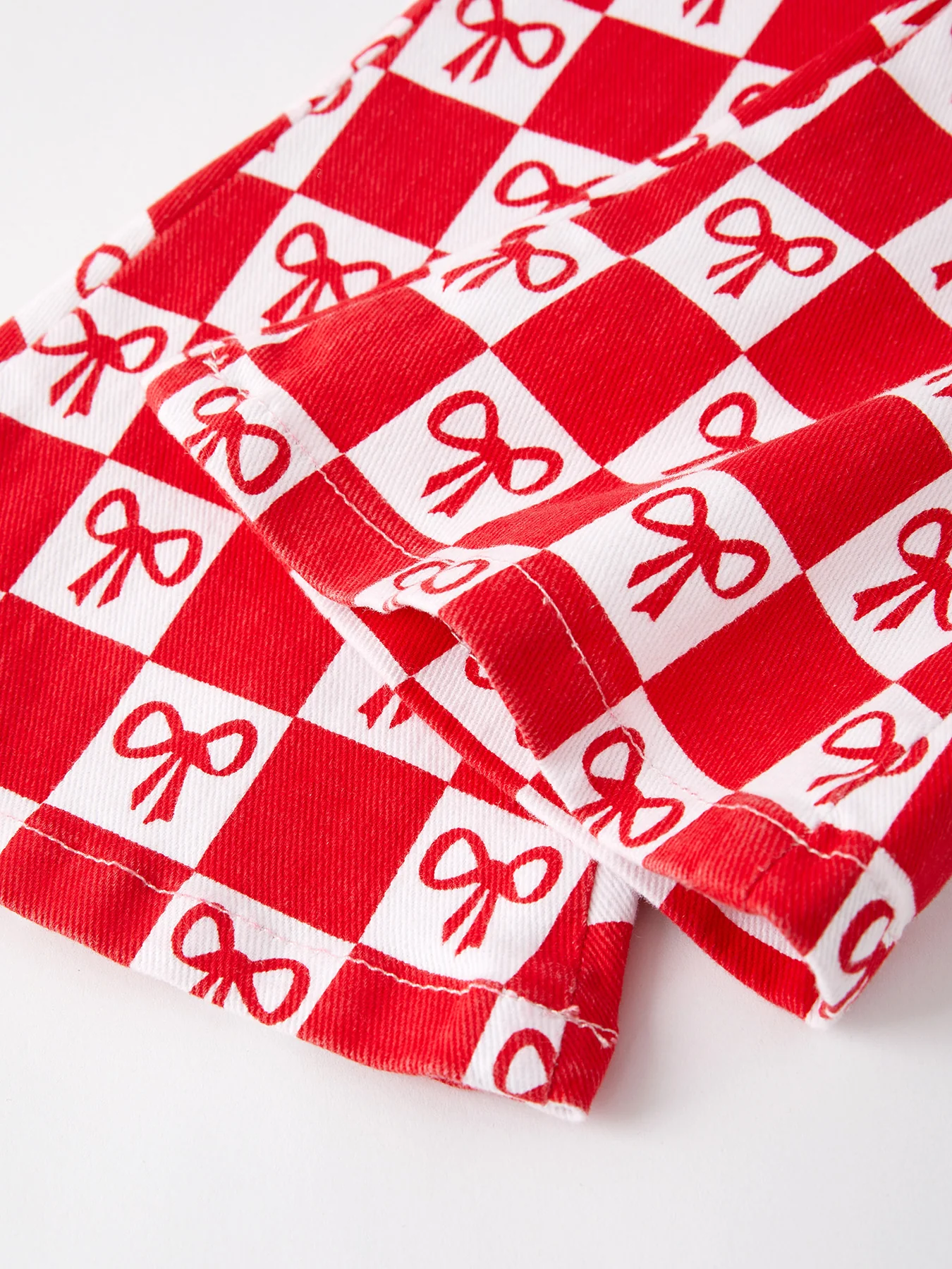 Girls Red Bow Print Plaid Flared Jeans - Image 5