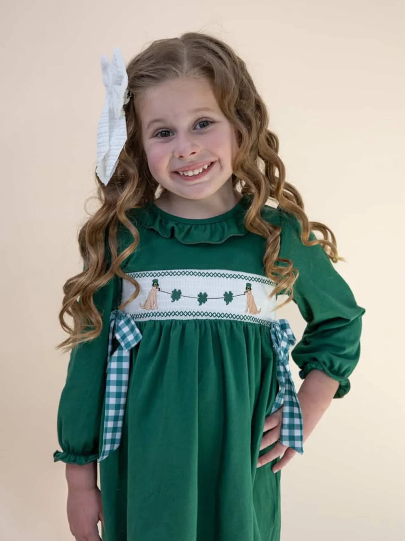 Girls St. Patrick’s Day Shamrock Puppy Smocked Dress - Image 4