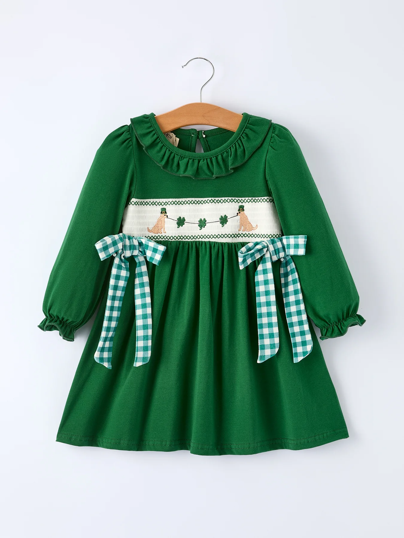 Girls St. Patrick’s Day Shamrock Puppy Smocked Dress - Image 6