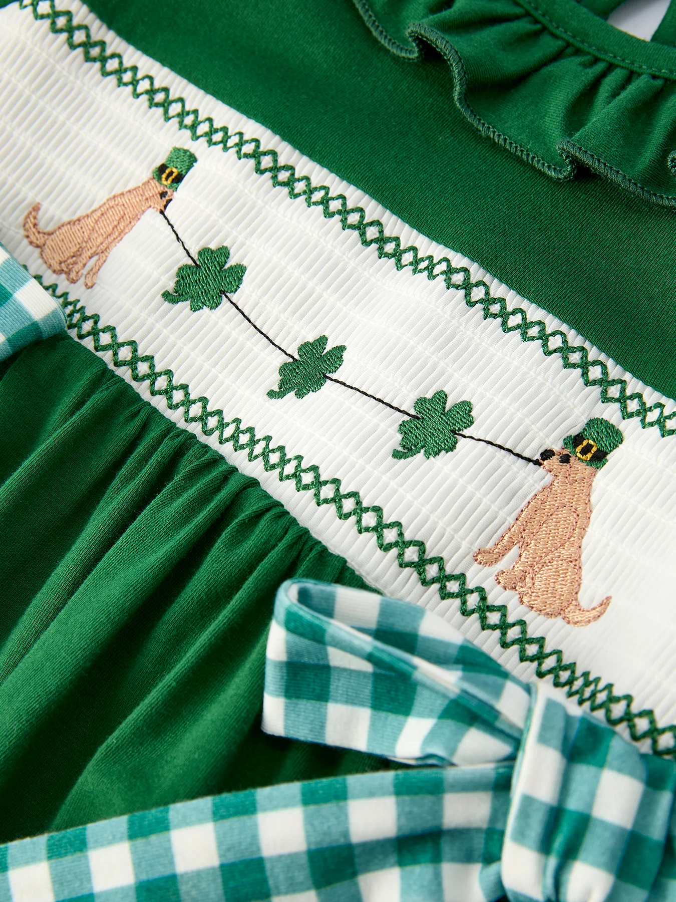Girls St. Patrick’s Day Shamrock Puppy Smocked Dress - Image 9