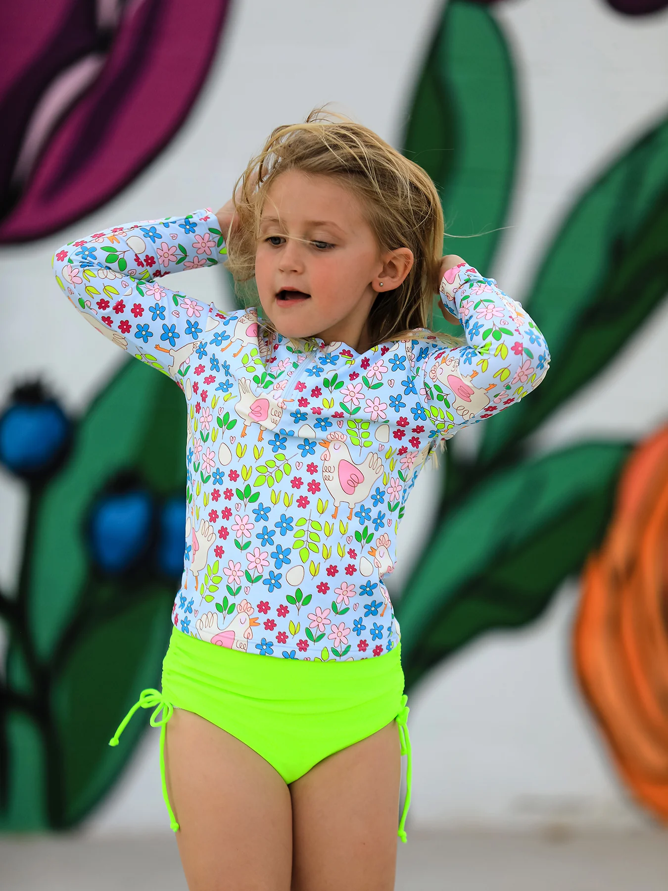 Summer Chicken Print Girls Long Sleeve Swim Set - Image 2