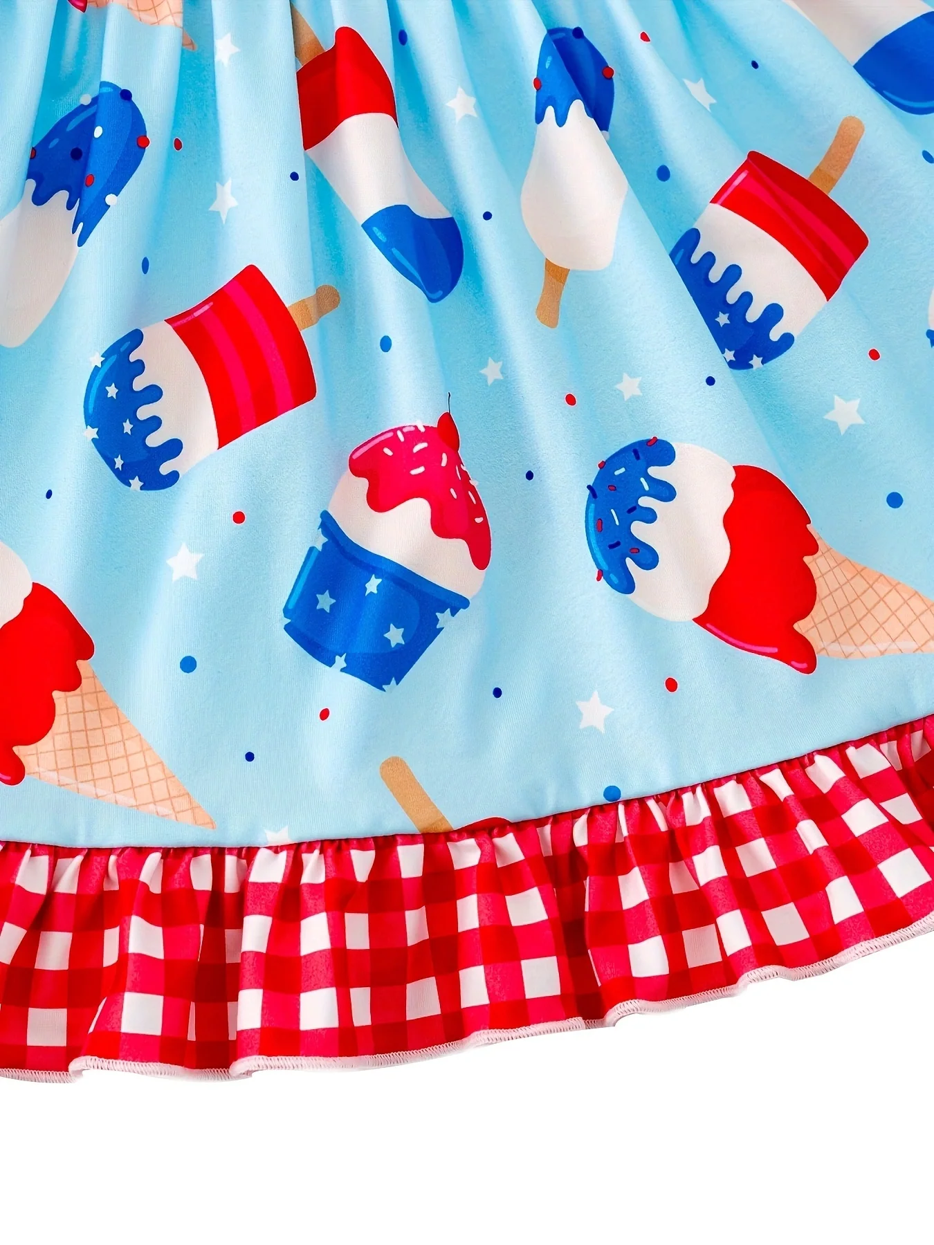 4th of july Ice Cream Print Plaid Girls Ruffle Dress - Image 7