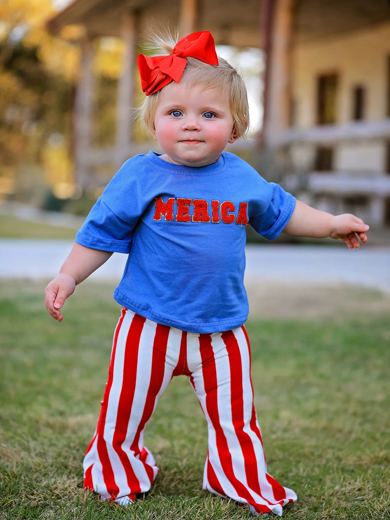 4th of july “MERICA”Top Girls Striped Bell Bottoms - Image 4