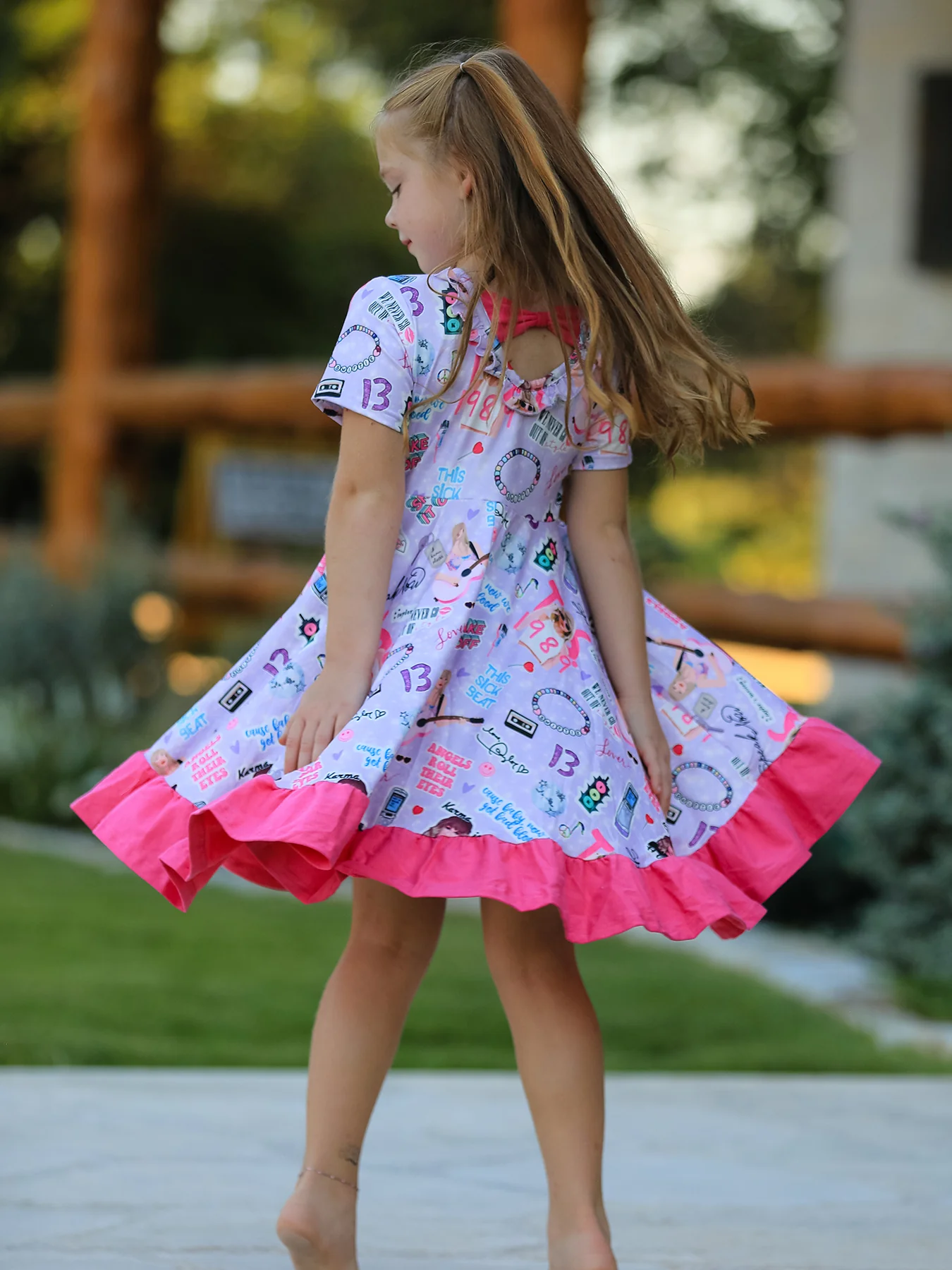 Purple TS Print Ruffle Girls' Short Sleeve  Dress - Image 4