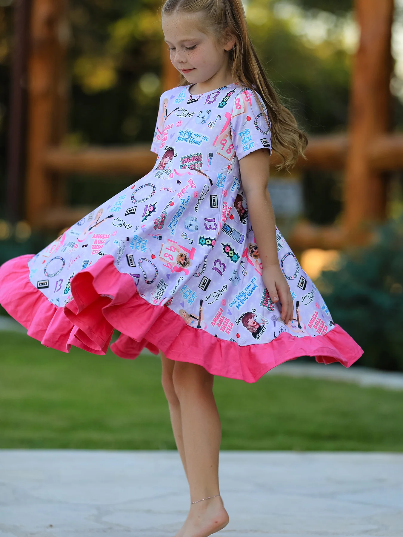 Purple TS Print Ruffle Girls' Short Sleeve  Dress - Image 5