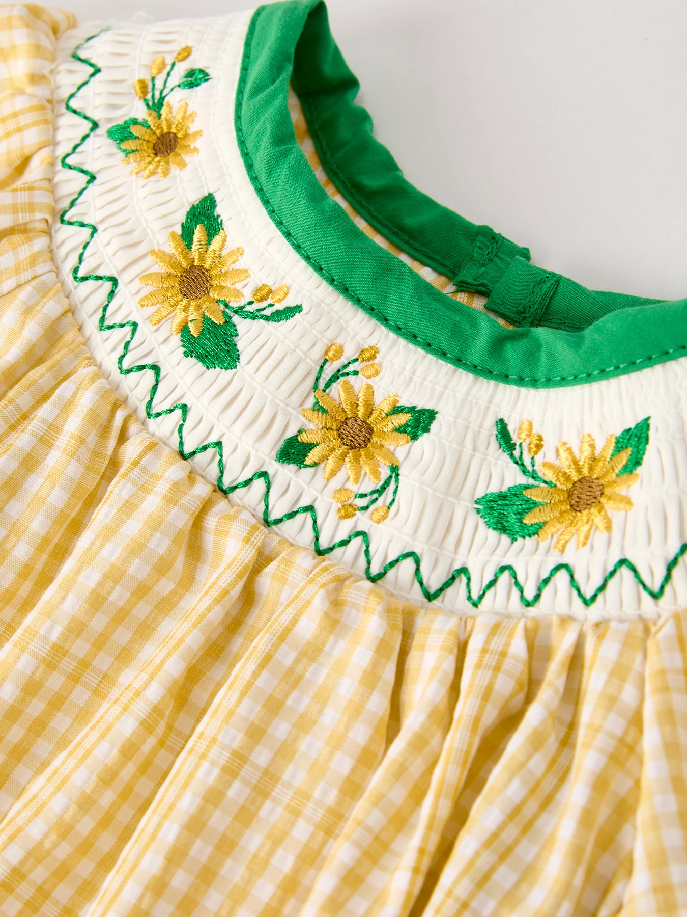Yellow Plaid Floral Smocking Embroidered Baby Girl Romper - Image 3
