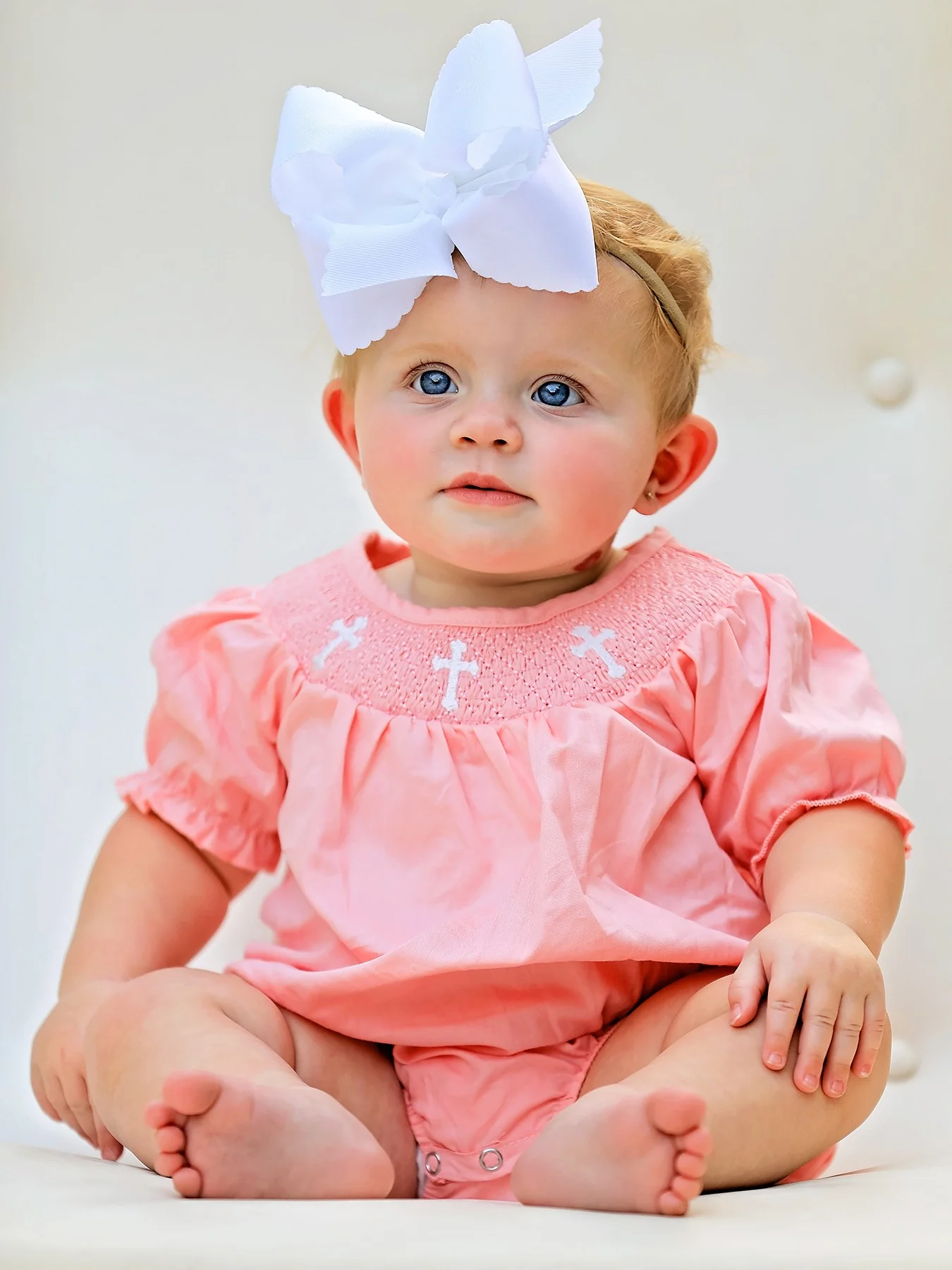 CORAL Smocked Church Christ Bishop Christening Girls Romper - Image 3