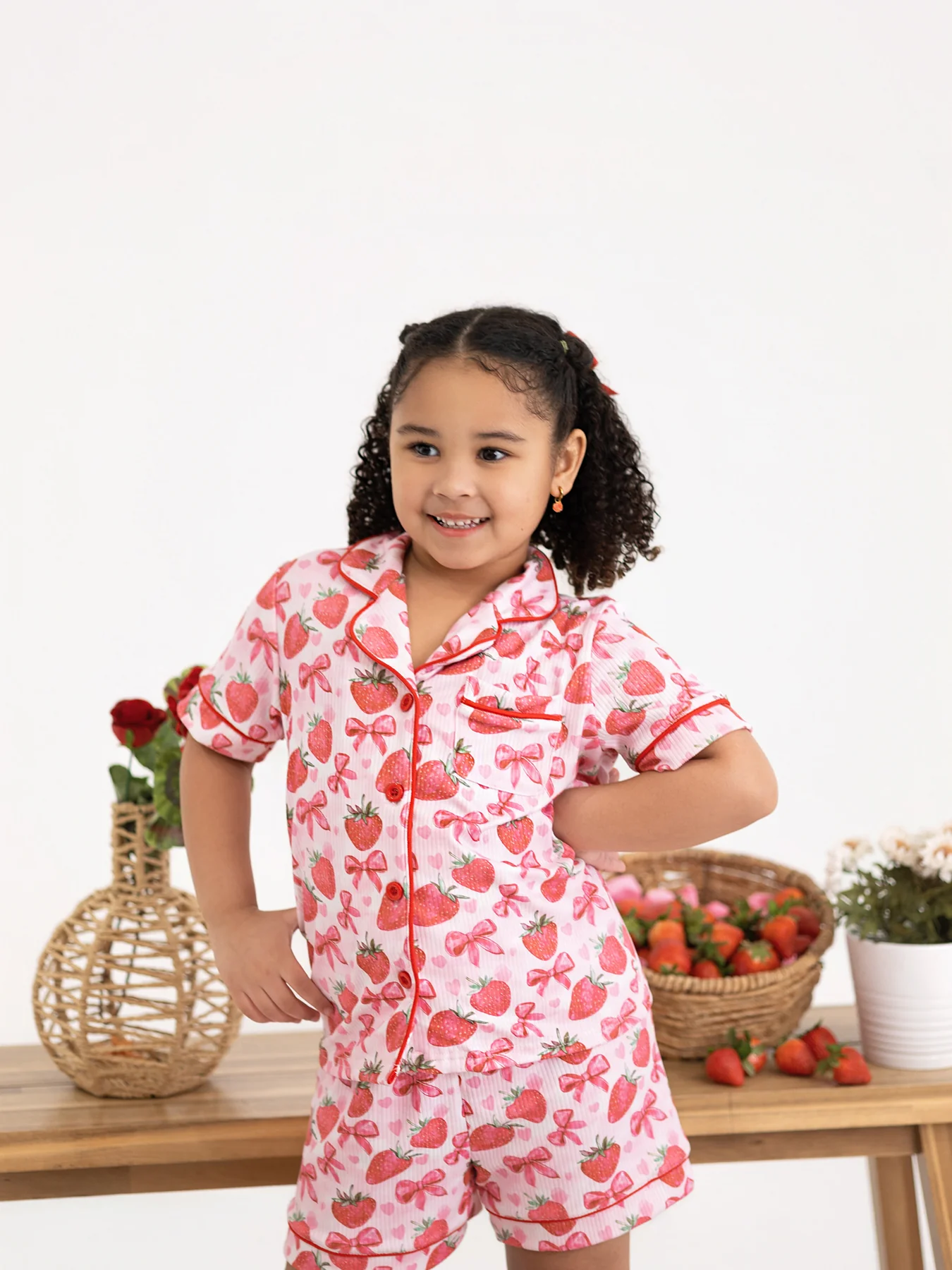 Spring Strawberry Bow Short Sleeve Shorts Pajama Set - Image 4