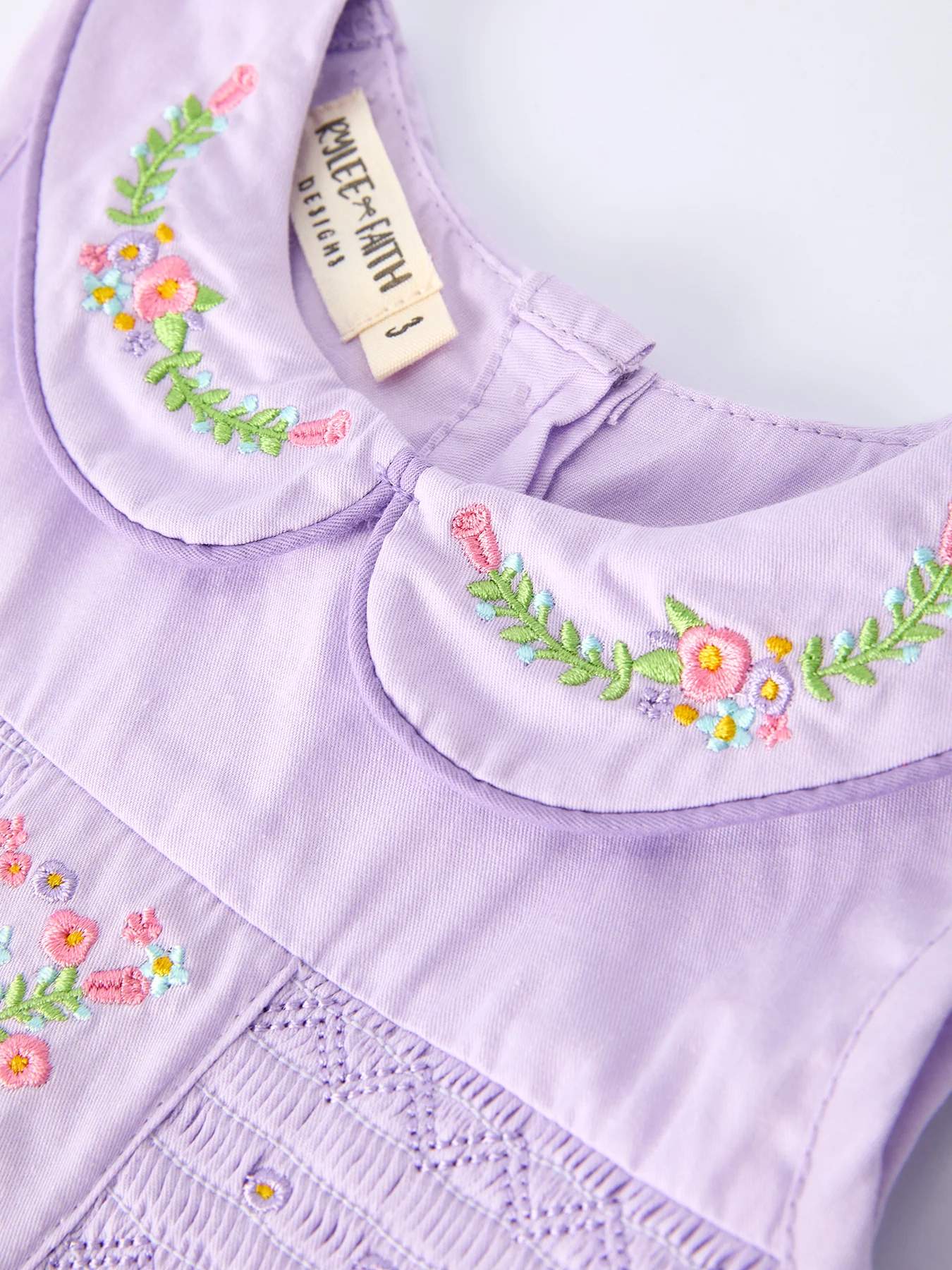Floral Embroidered Girl Dress with Lavender Peter Pan Collar - Image 3