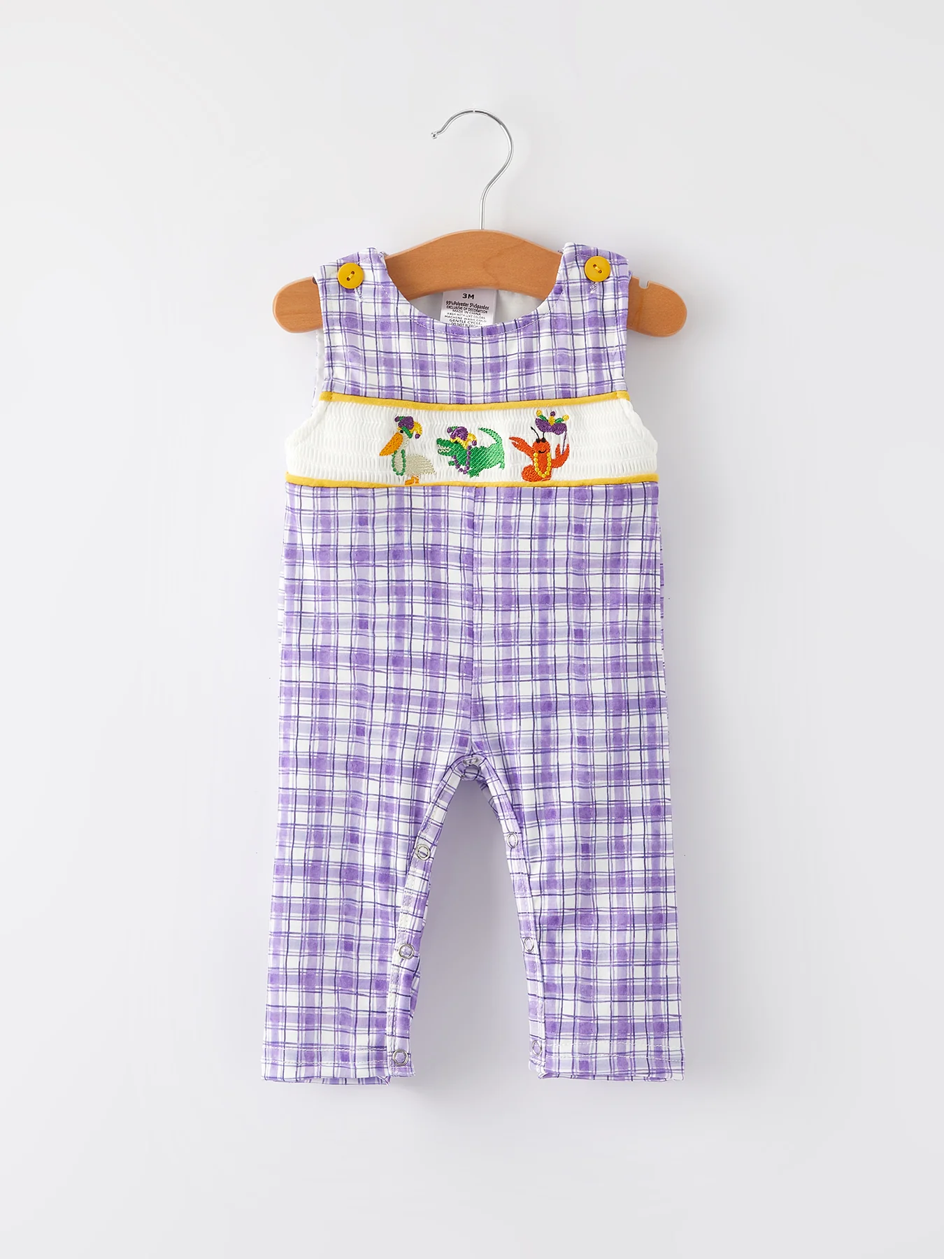 madi-GRAS Purple Plaid Animal Smock Embroidery Boys' Romper