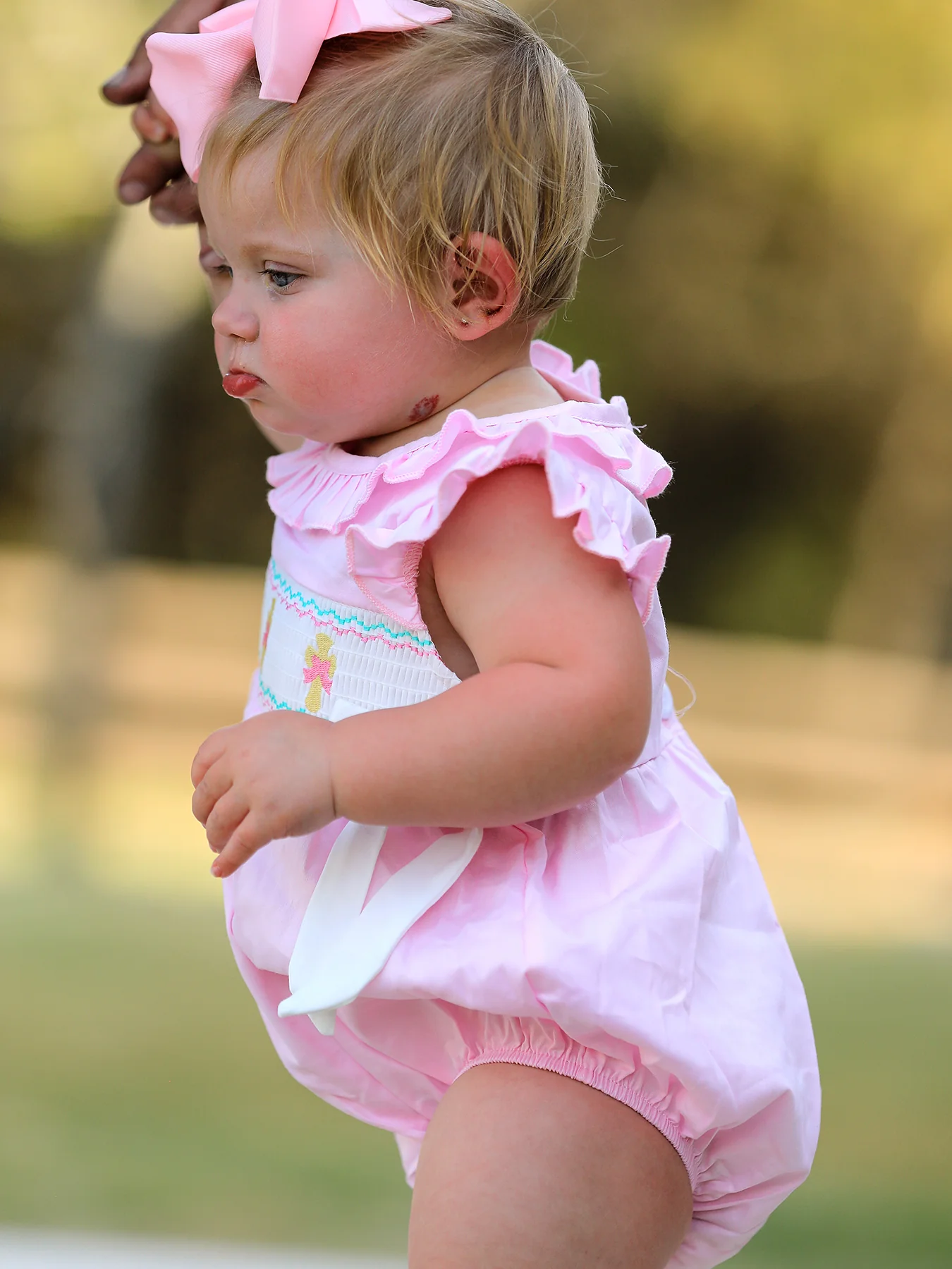 Pink Smocked Church Christ Bishop Christening Romper - Image 3