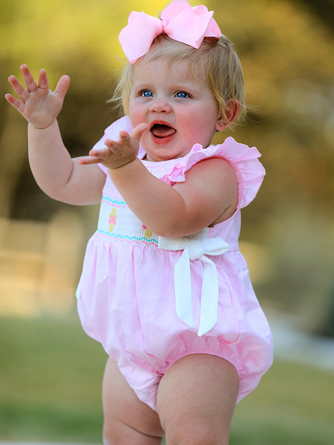 Pink Smocked Church Christ Bishop Christening Romper - Image 4