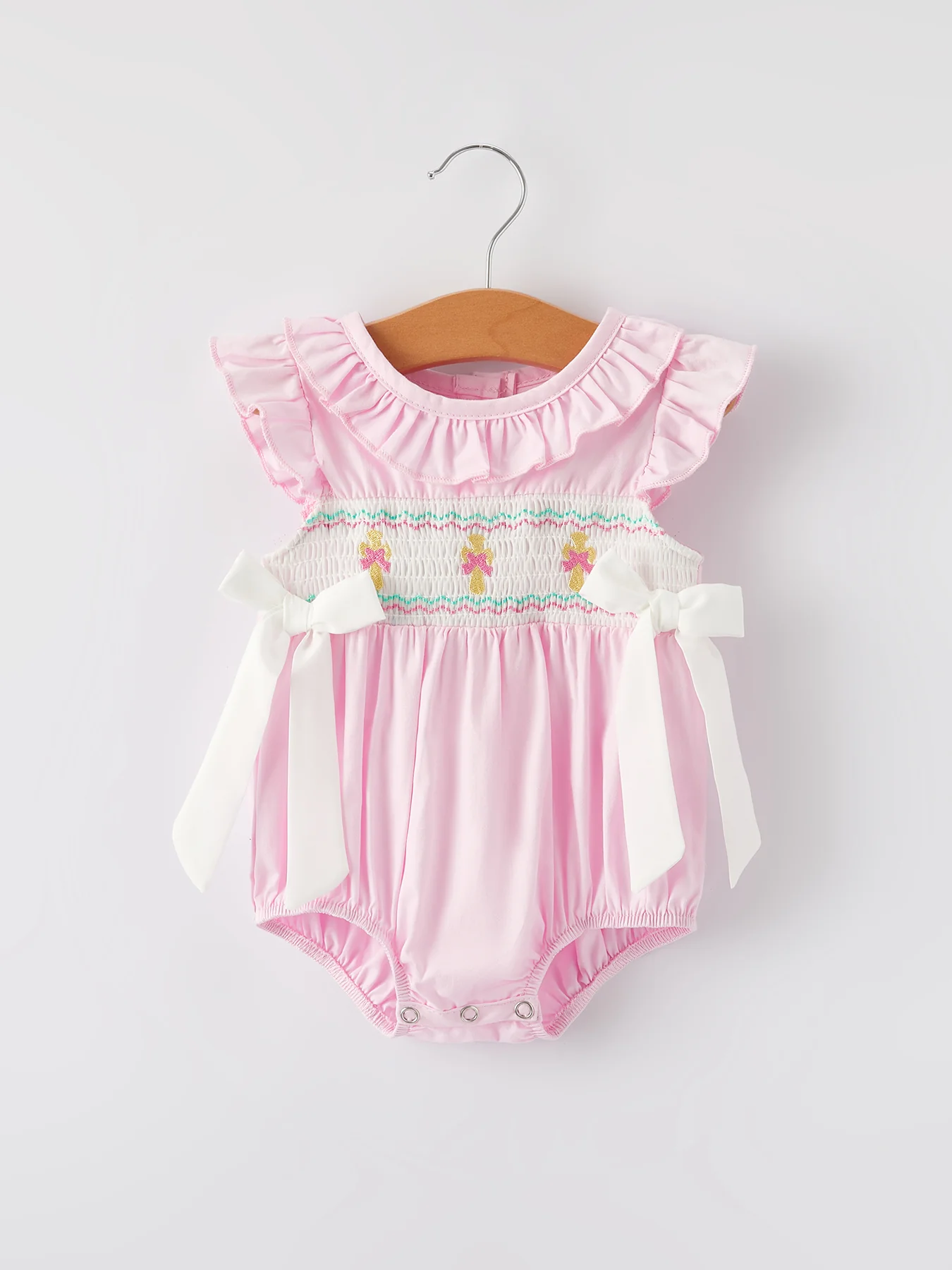 Pink Smocked Church Christ Bishop Christening Romper - Image 5