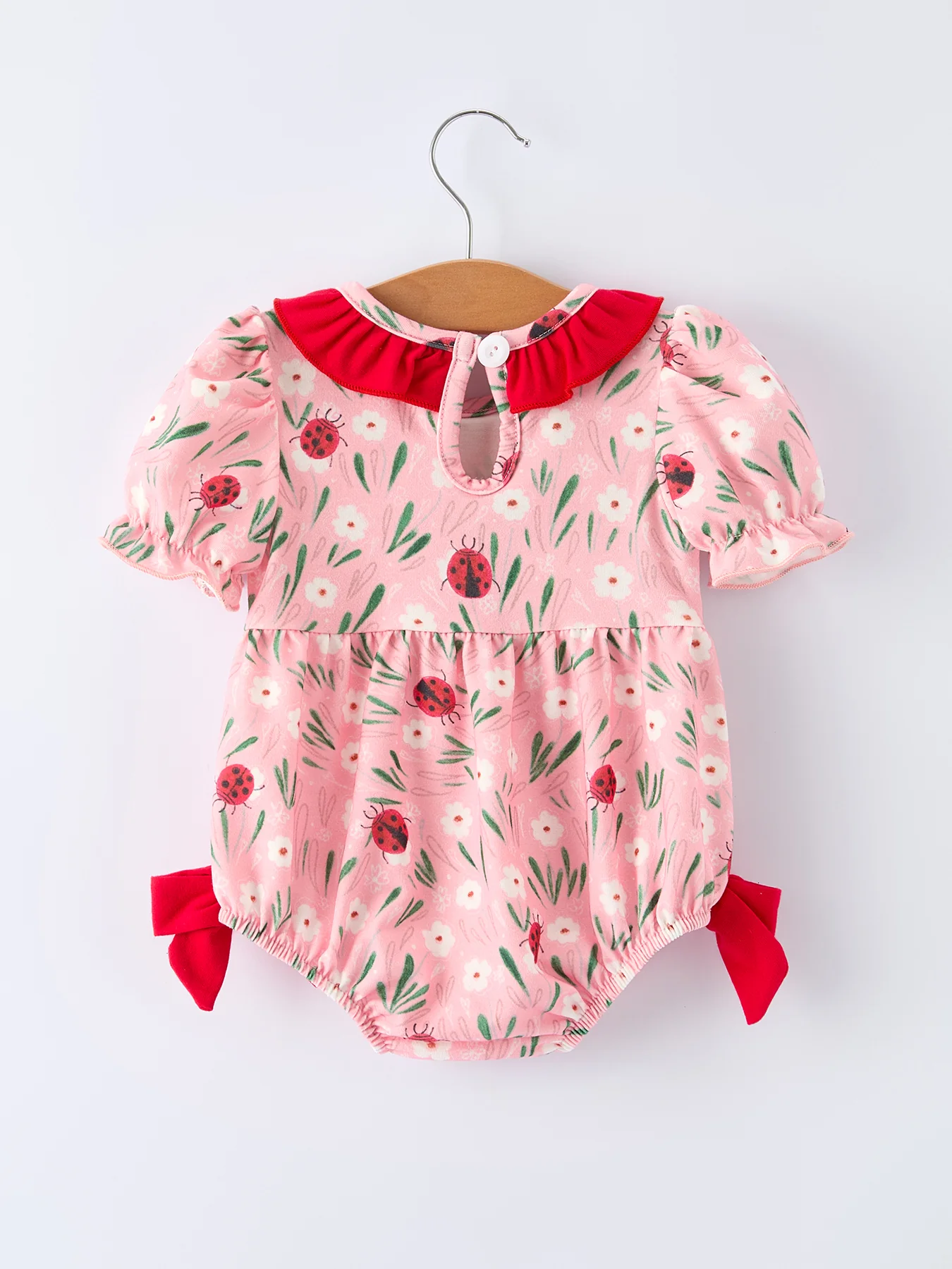Spring Ladybug Smocked Embroidered Baby Girls Romper - Image 2