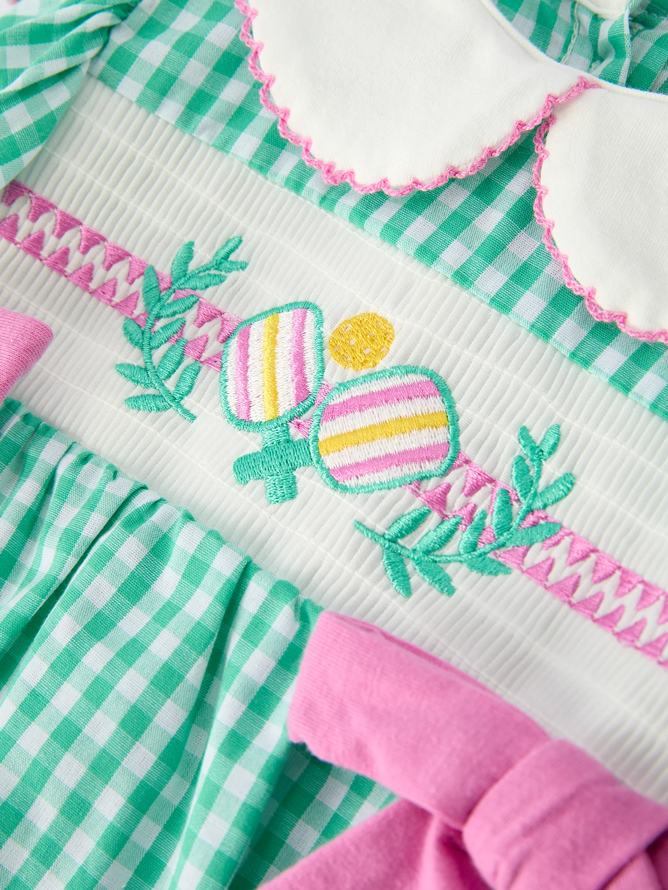 Pickle Ball Bow Ruffle Smocked Green Baby Girl Romper - Image 3