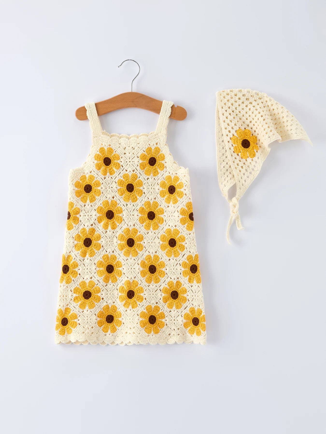 Summer Crochet Sunflower Girl Dress with Headscarf - Image 8