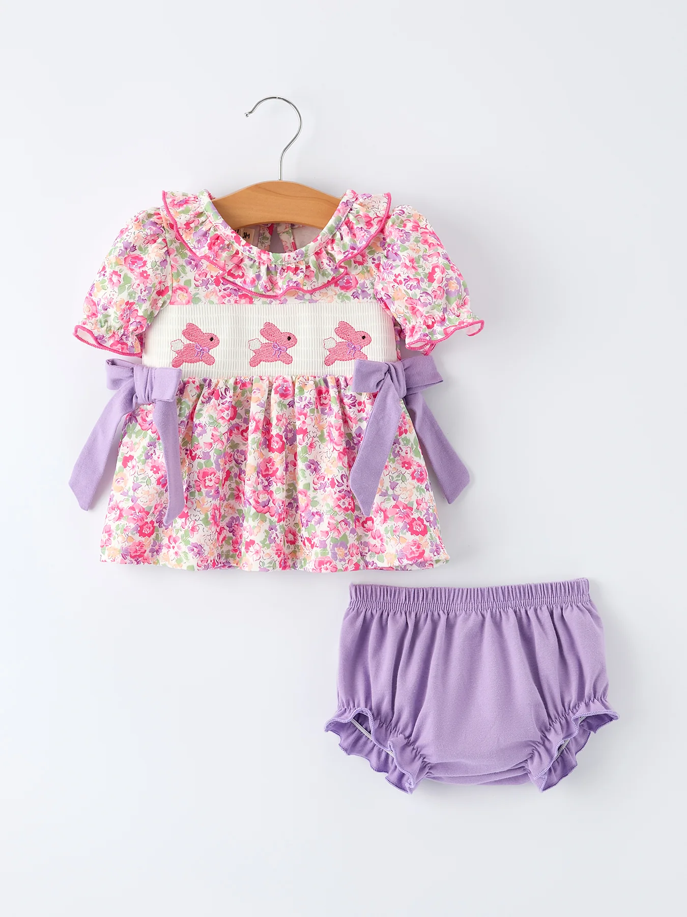 Easter Colorful Floral Bunny Embroidery Bow Ruffle Girl Bloomer Set - Image 7
