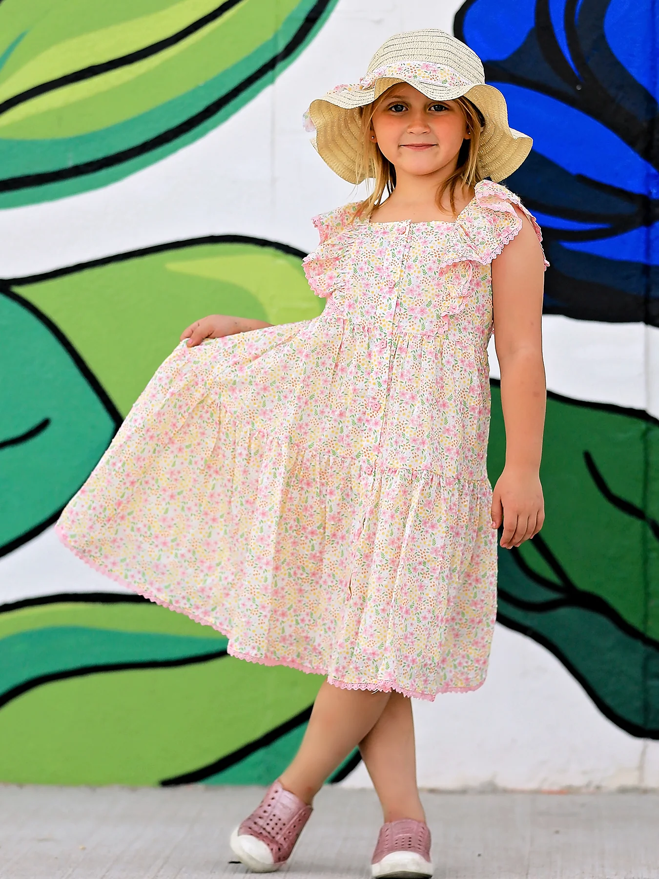 Spring Floral Girls Ruffle Dress With Bow Straw Hat Set - Image 2