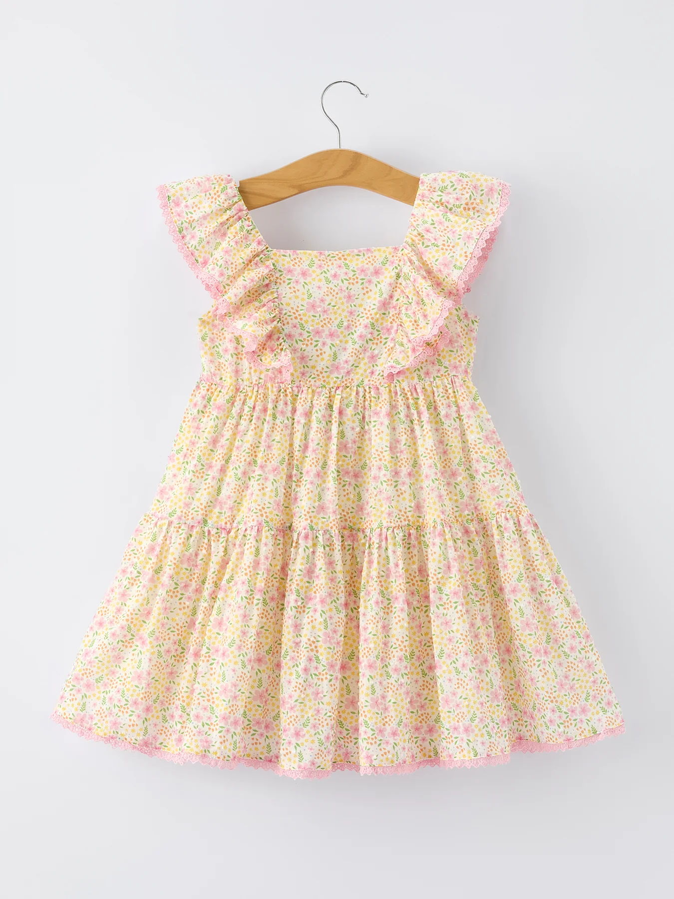 Spring Floral Girls Ruffle Dress With Bow Straw Hat Set - Image 8