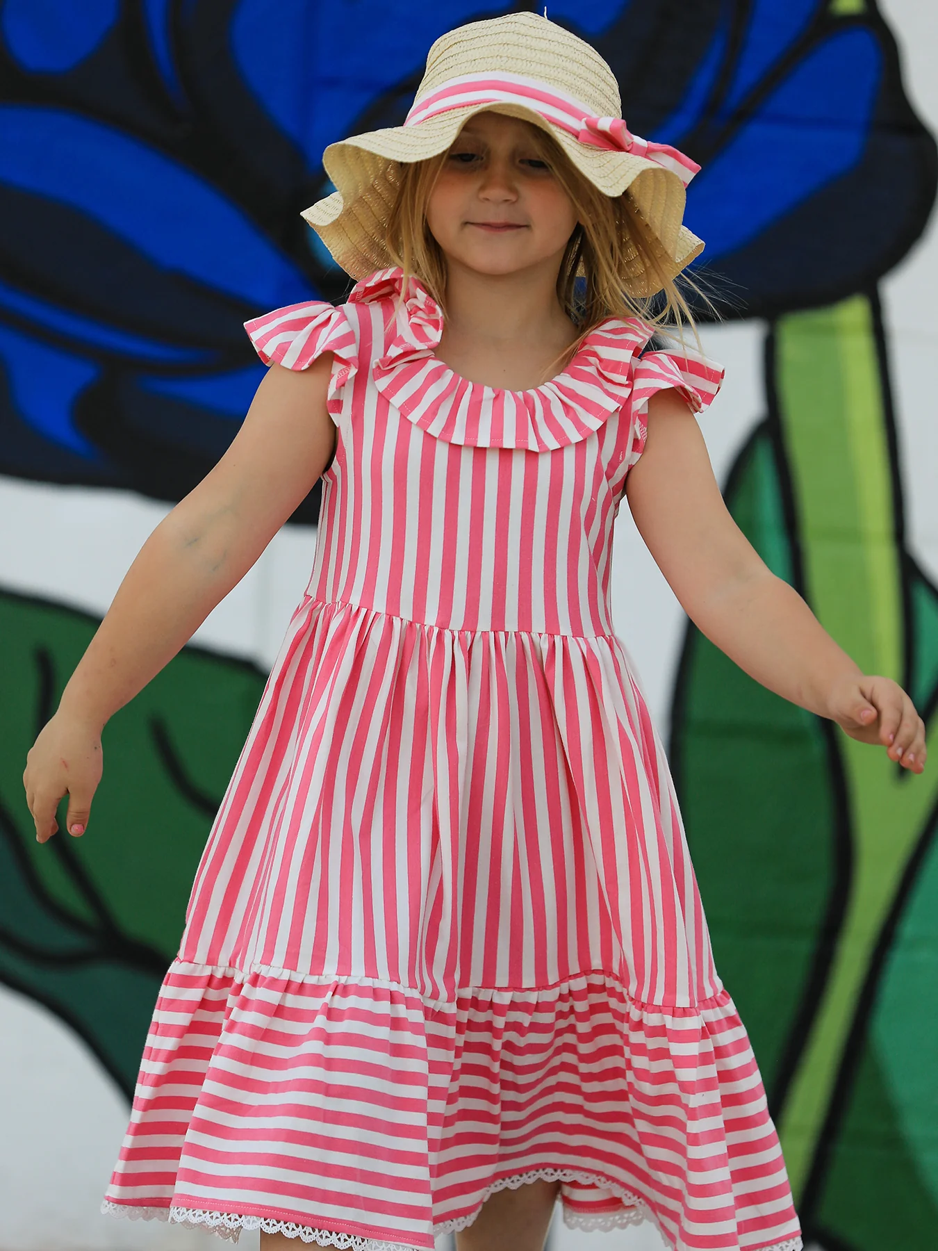 Spring Pink Striped Ruffled Girls' Dress with Hat - Image 3