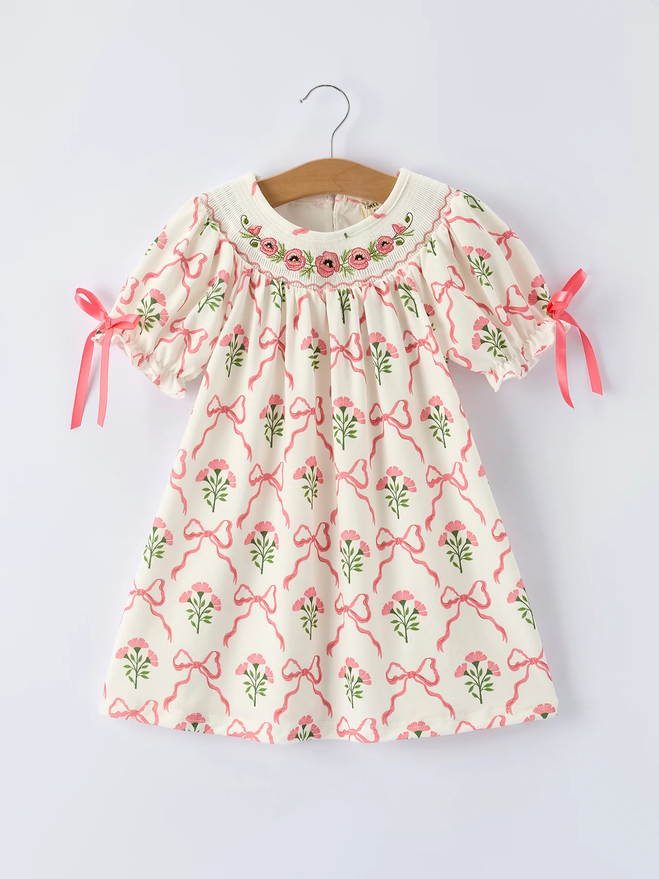 Spring Floral Smocking Embroidery Bow Girls Dress - Image 5