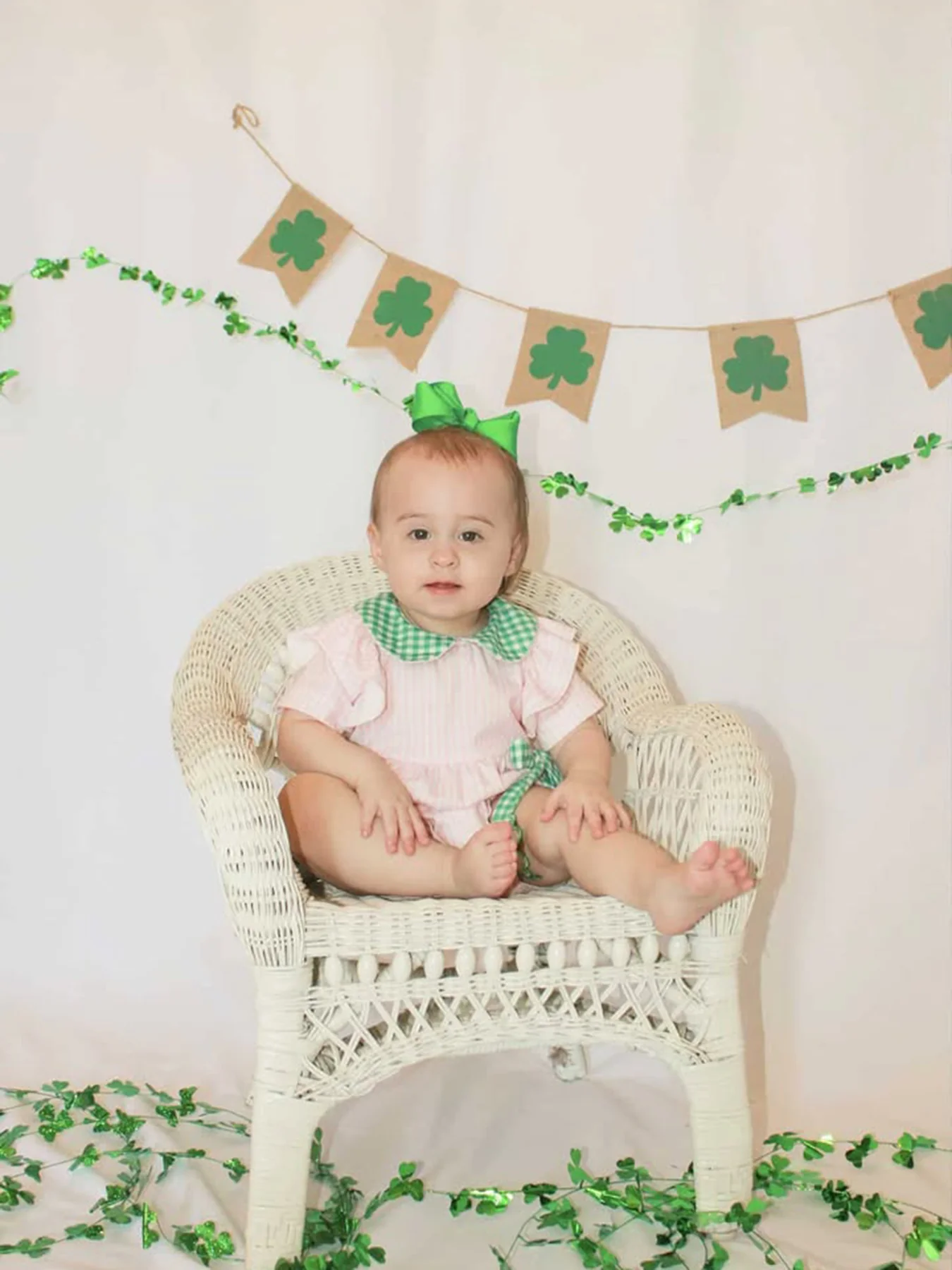 St. Patrick's Day Shamrock Striped Plaid Baby Girl Romper - Image 3