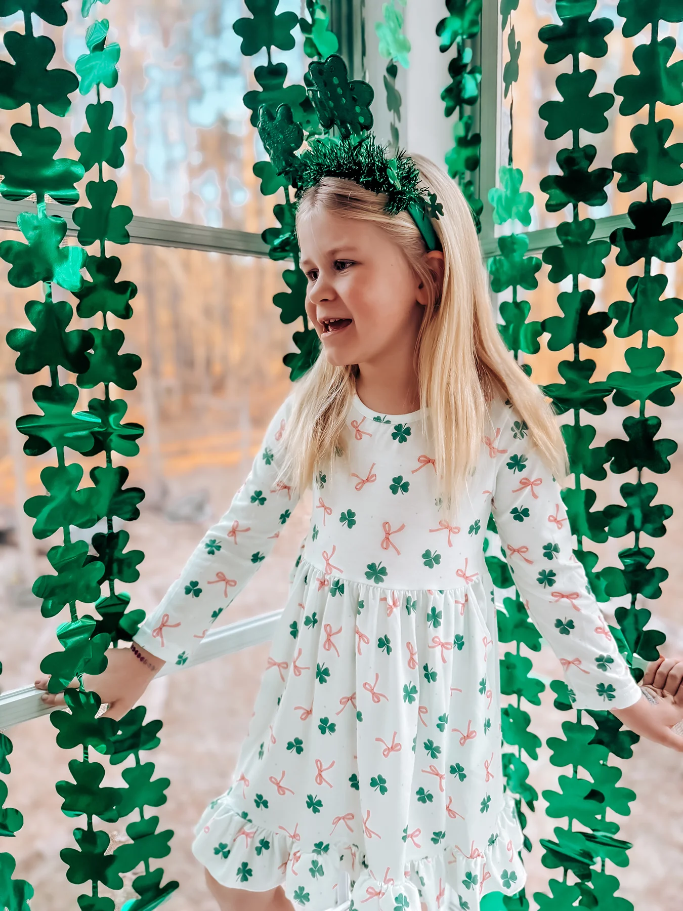 St. Patrick's Day Bow Shamrock Print Ruffles Girls Dress - Image 7