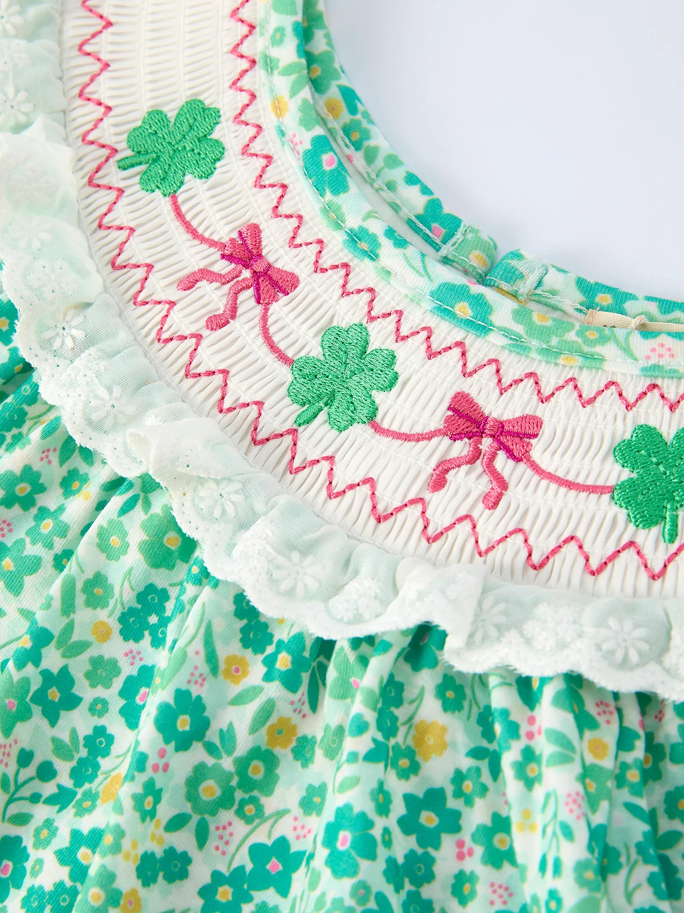 Girls St. Patrick’s Day Shamrock Bow Smocked Dress - Image 3