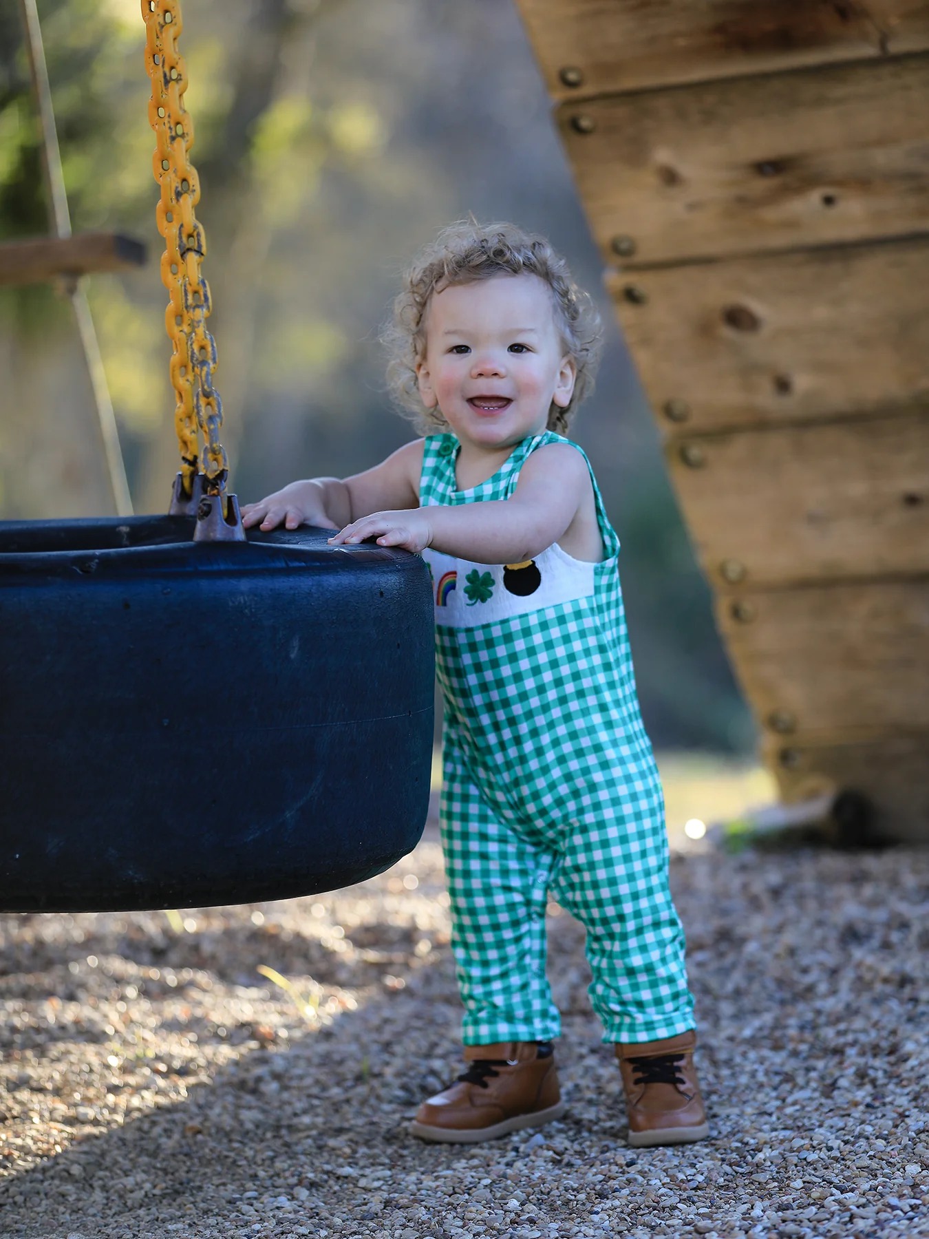 St. Patrick's Day  shamrock Smocking Embroidered Green Plaid Boys' Romper - Image 2