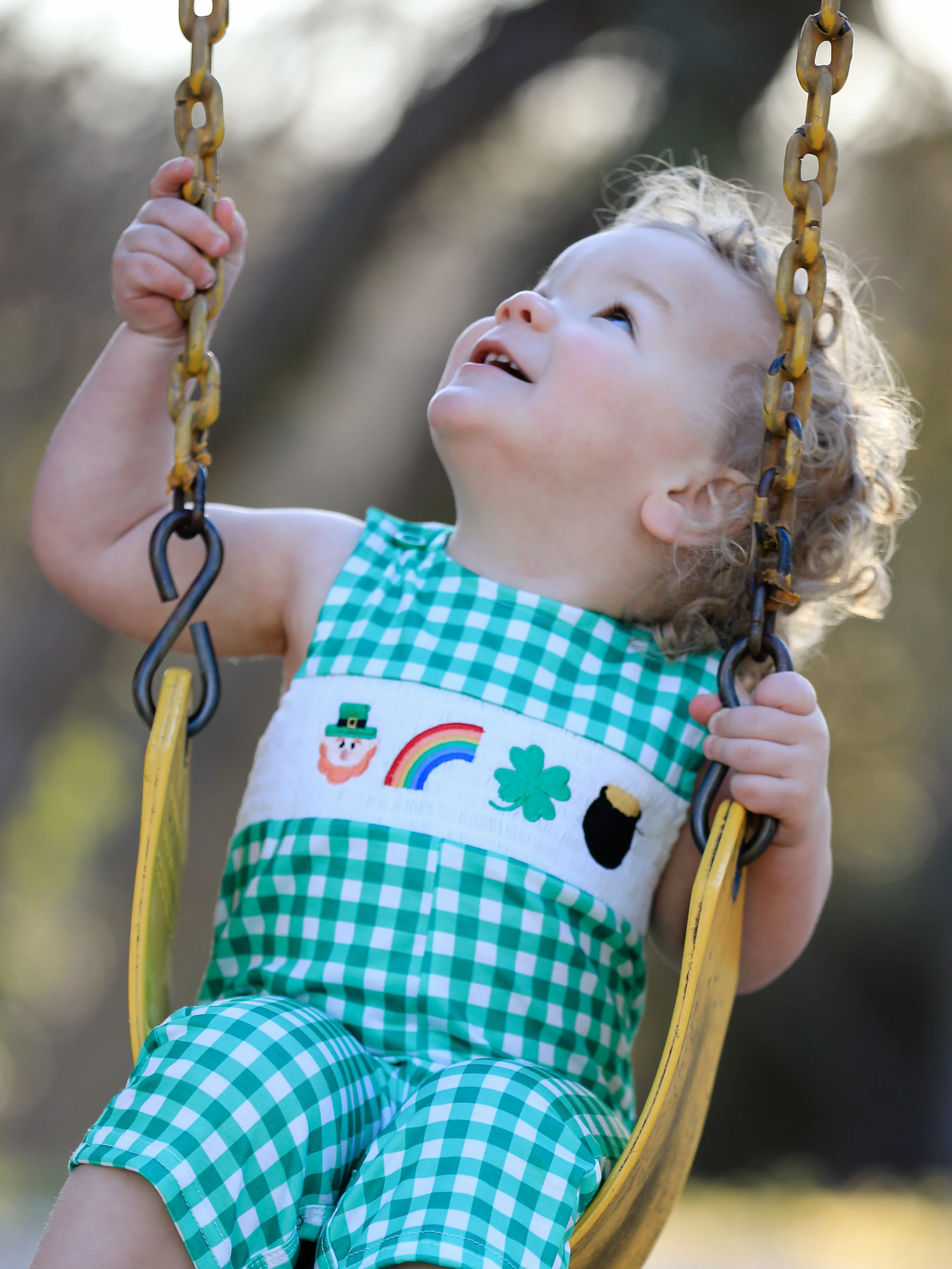 St. Patrick's Day  shamrock Smocking Embroidered Green Plaid Boys' Romper - Image 3