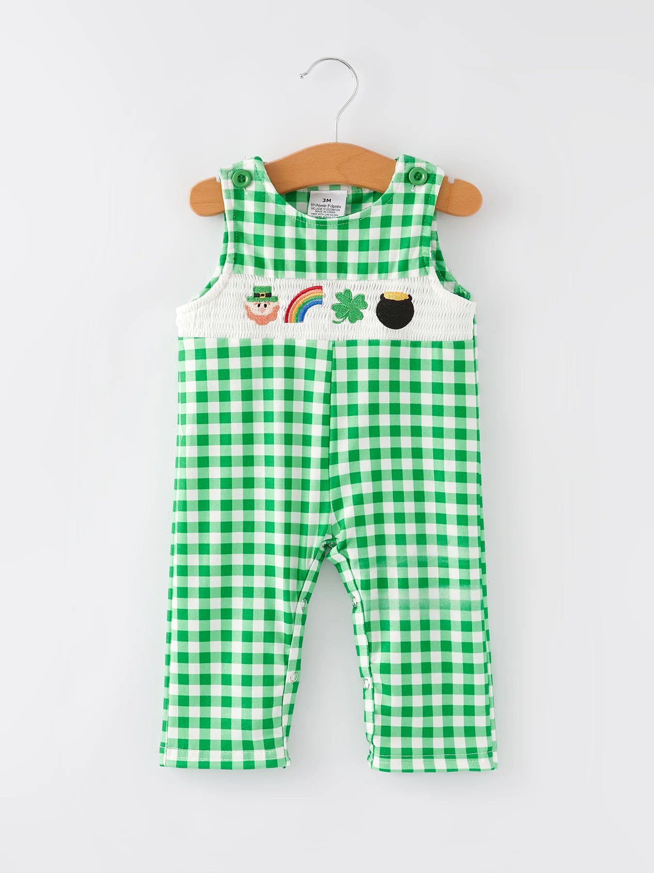 St. Patrick's Day  shamrock Smocking Embroidered Green Plaid Boys' Romper - Image 4