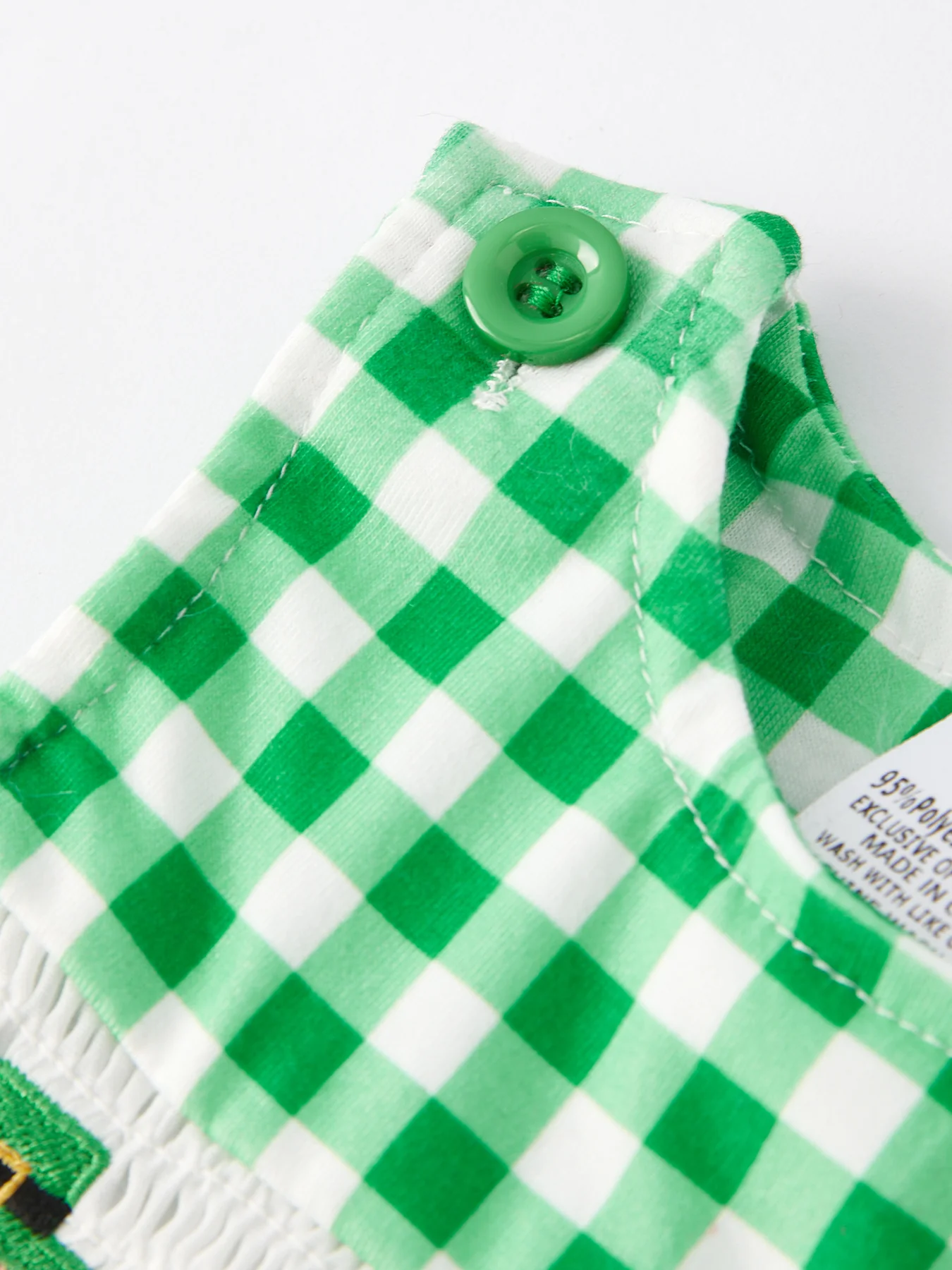 St. Patrick's Day  shamrock Smocking Embroidered Green Plaid Boys' Romper - Image 6