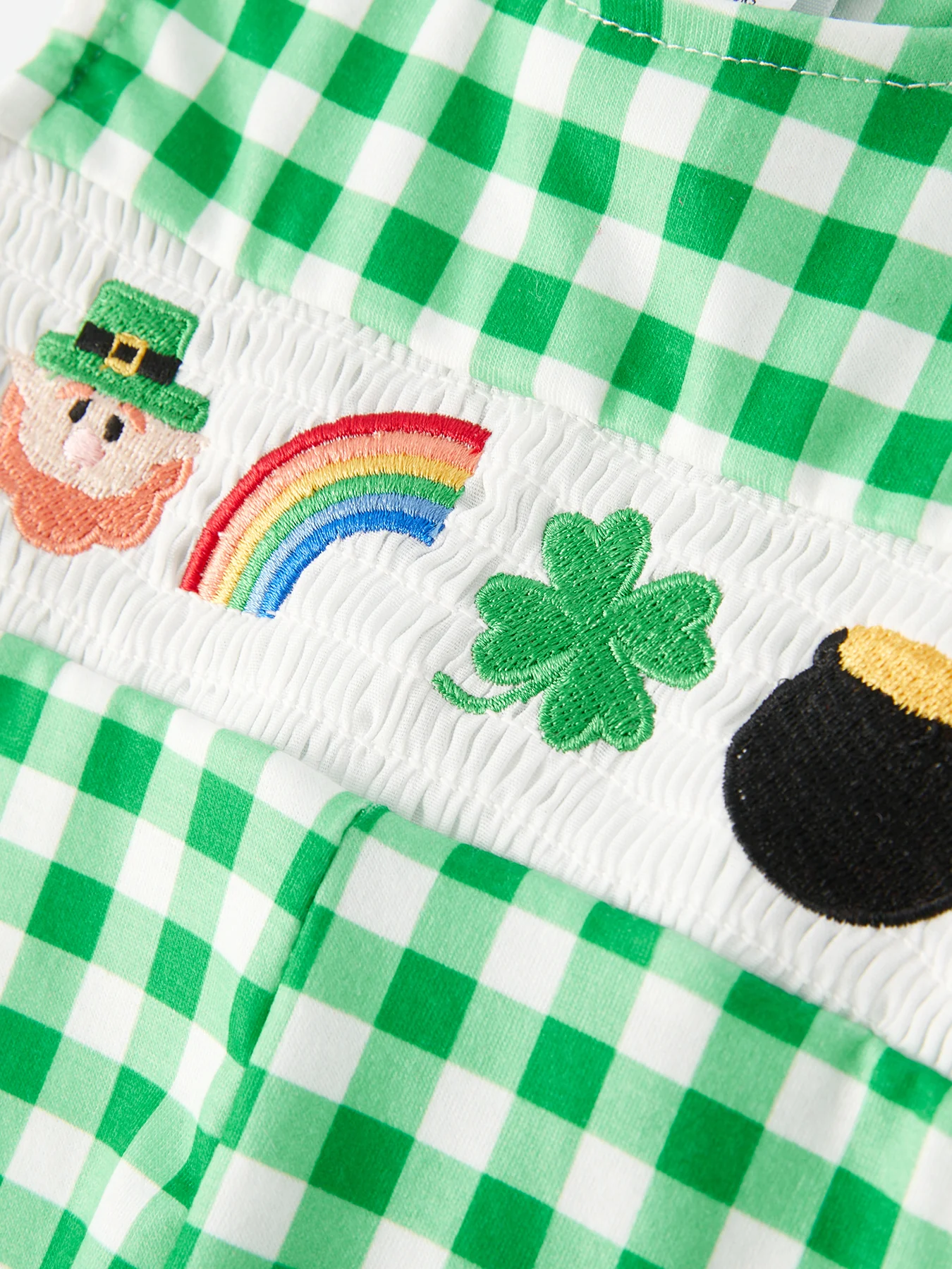 St. Patrick's Day  shamrock Smocking Embroidered Green Plaid Boys' Romper - Image 7