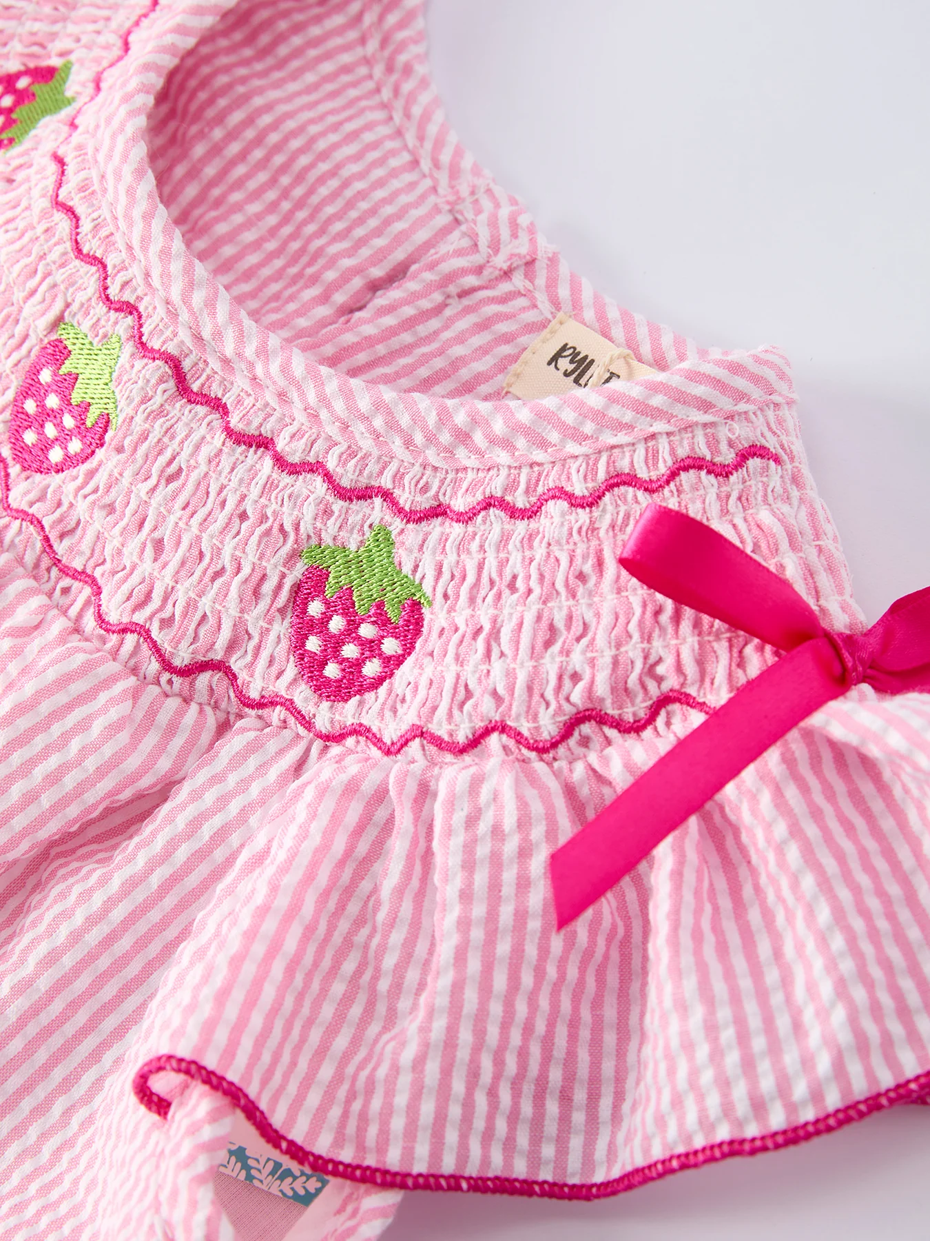 Strawberry Smocked Girl Dress Bow Ruffle - Image 3