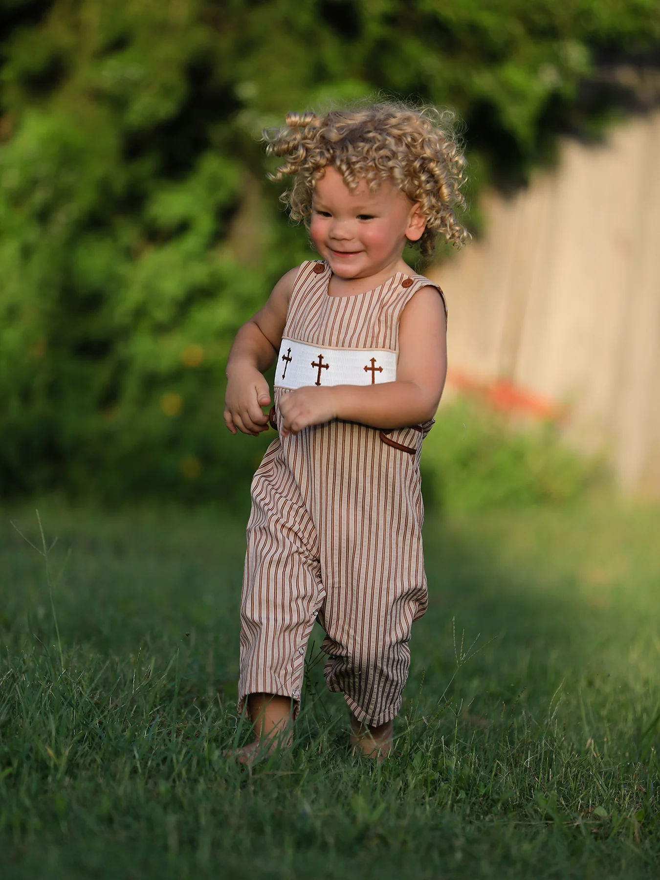 Stripe Smocked Church Christ Bishop Christening Toddler Boys' Romper - Image 5