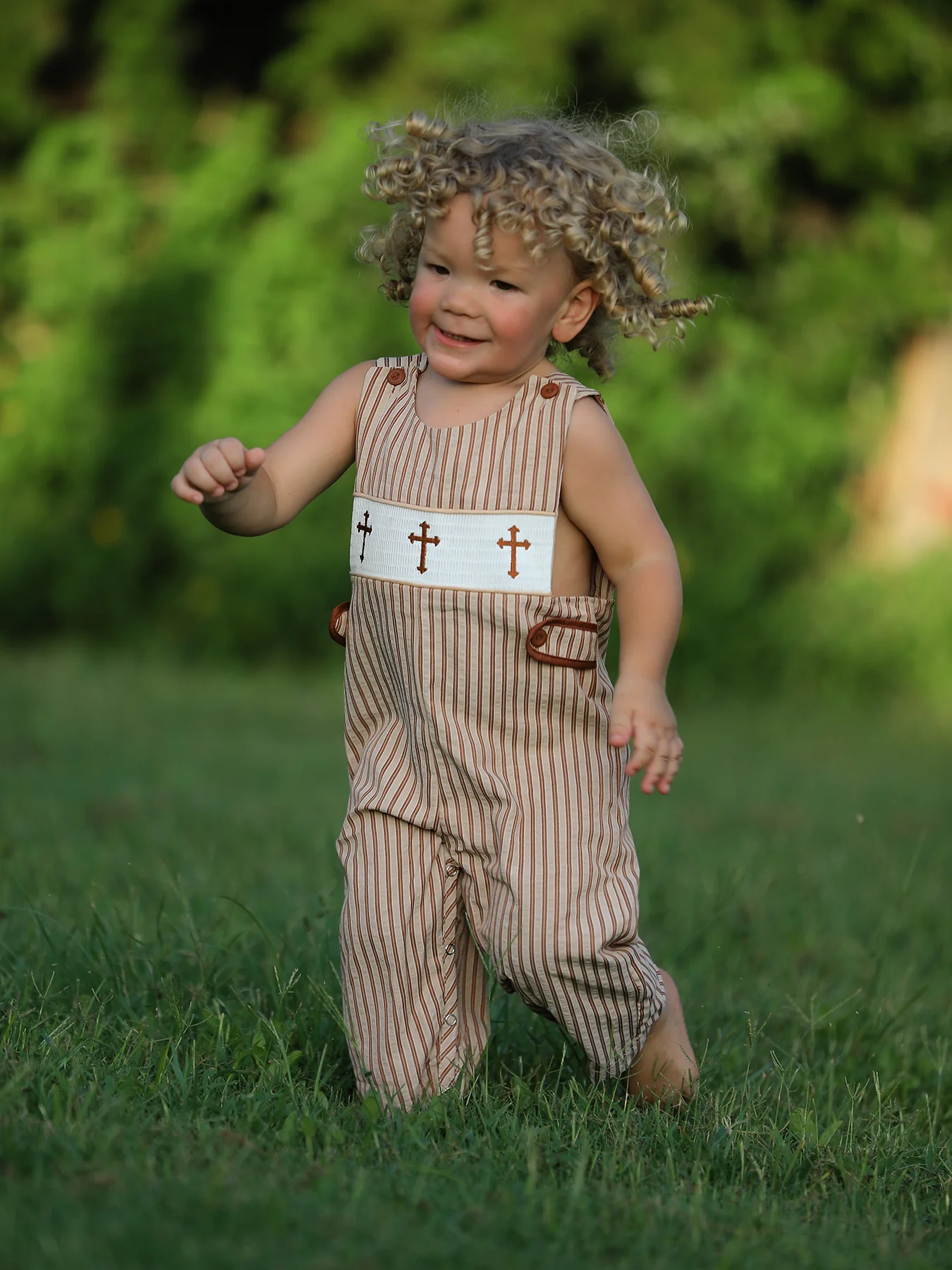 Stripe Smocked Church Christ Bishop Christening Toddler Boys' Romper - Image 7