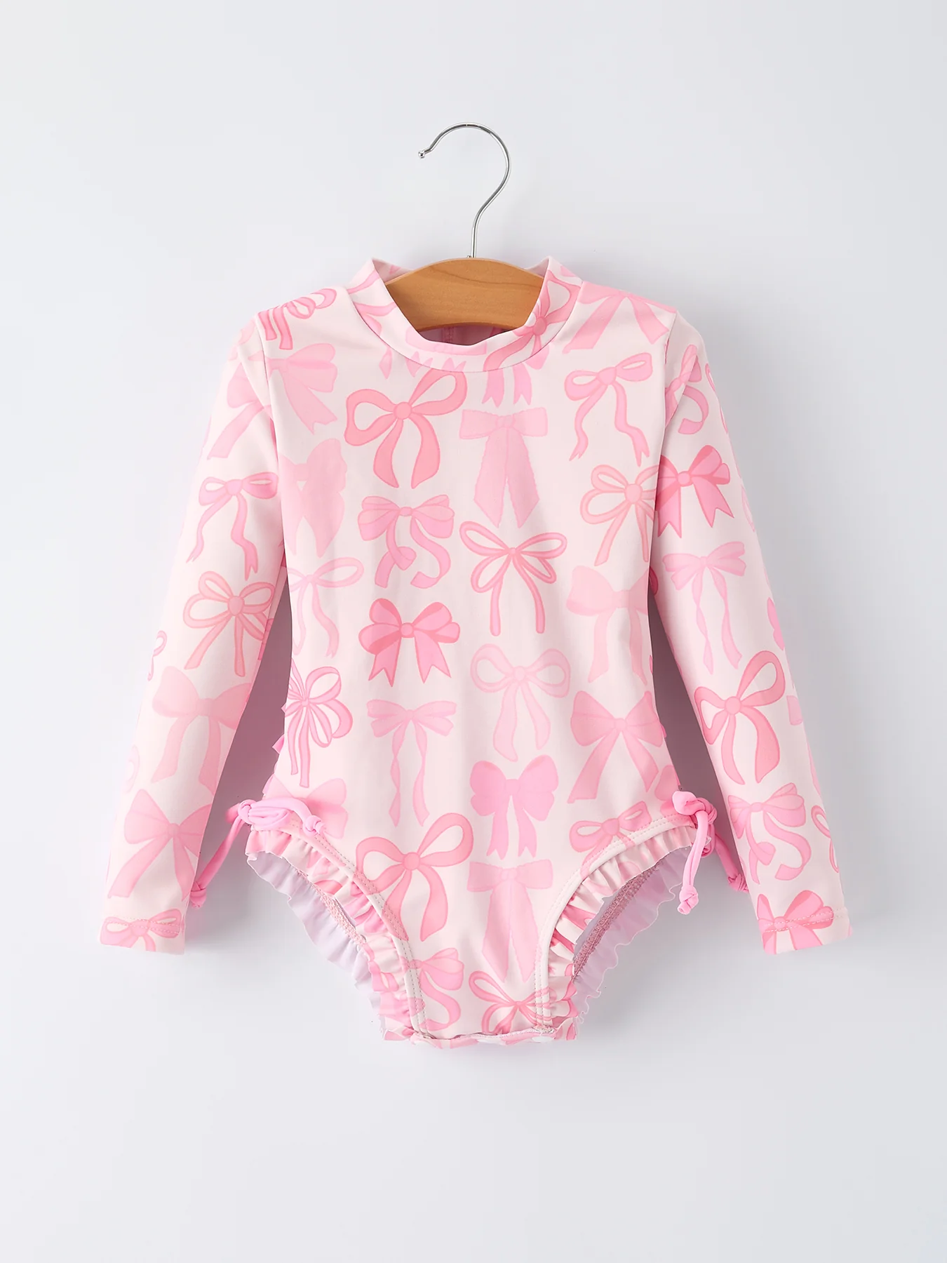 Summer Bow Print Girls Long Sleeve Ruffle One Piece Swimsuit