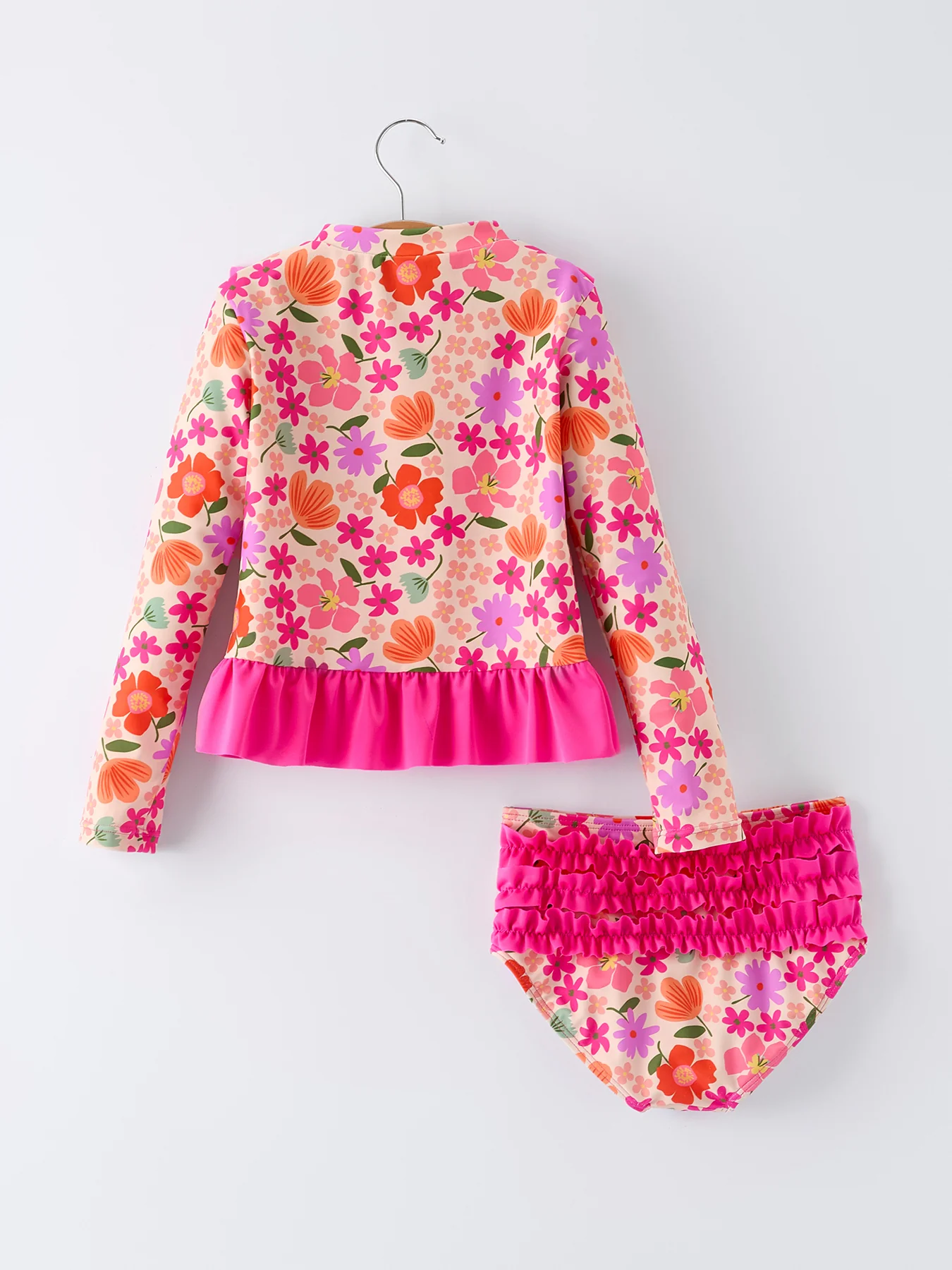 Summer Floral Ruffle Long Sleeve Girl Swimwear Set - Image 2
