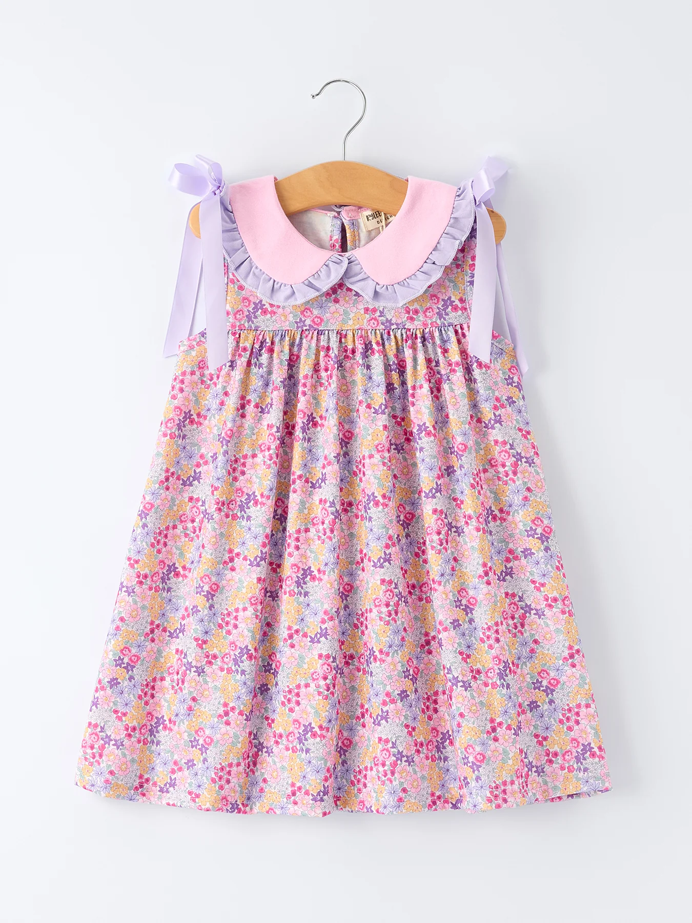 Summer Purple Floral Bow Ruffle Girls Dress