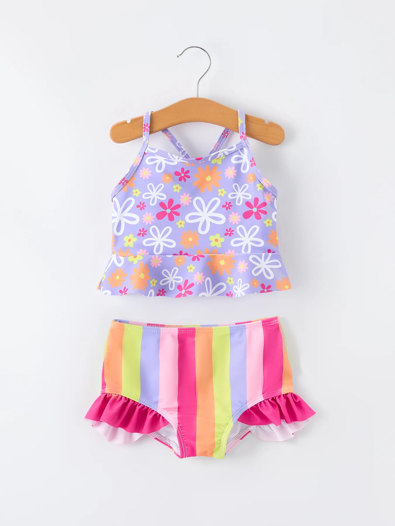 Summer Rainbow Striped Girls Two Piece Swimsuit