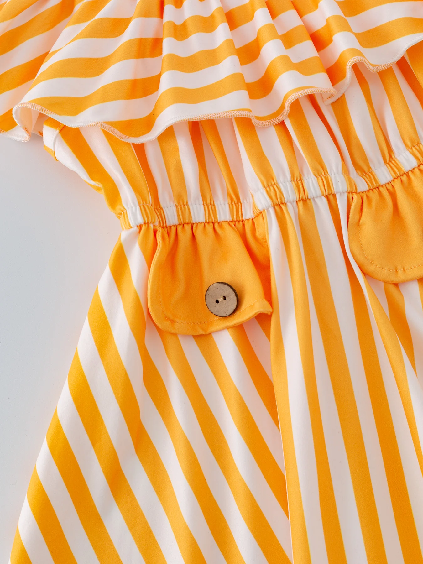 Suspender Striped Fake Button Pocket Ruffle Neck Dress - Image 4
