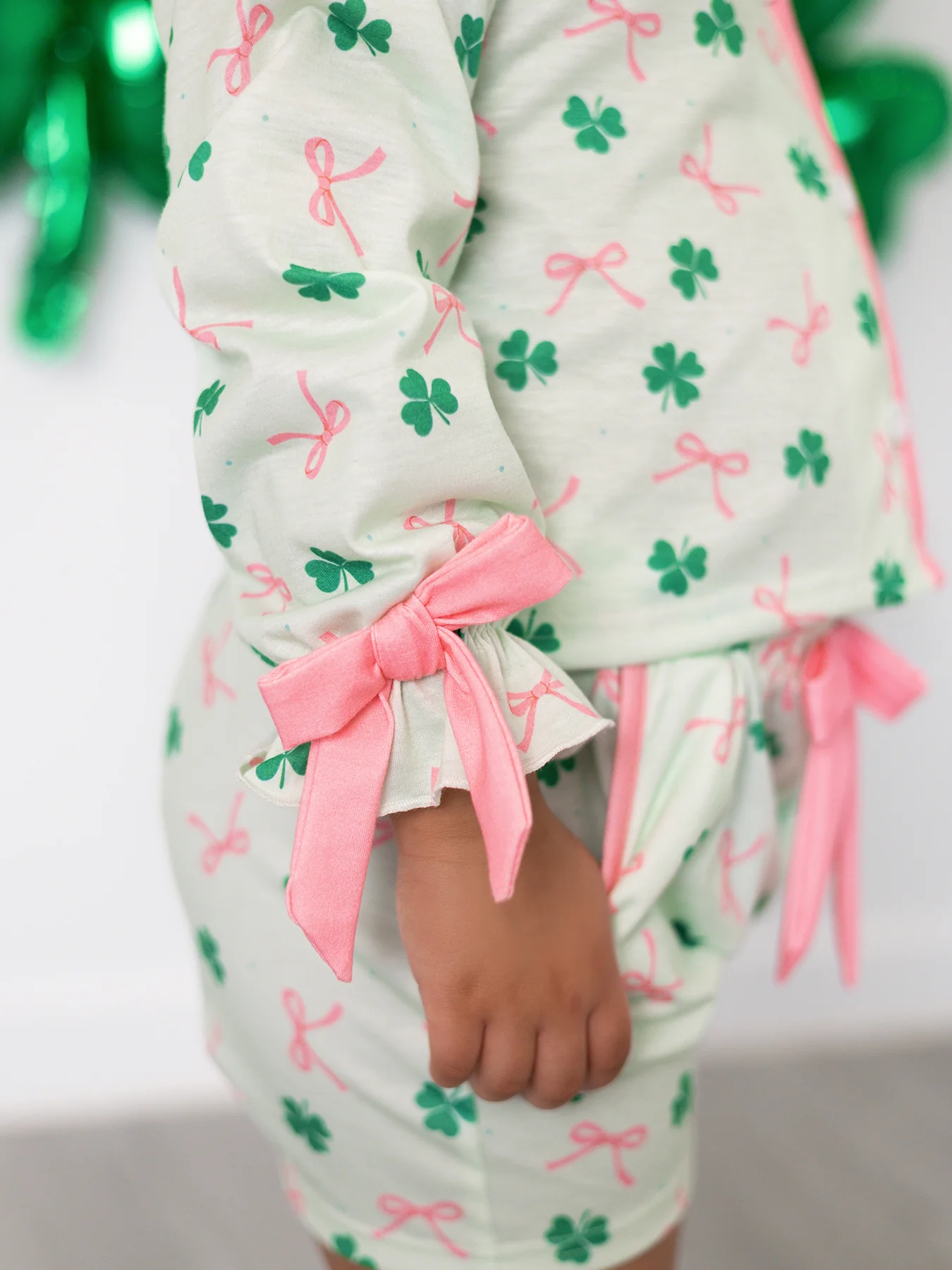 St. Patrick's Day Bow Shamrock Print Ruffles Girls Pajama Set - Image 8