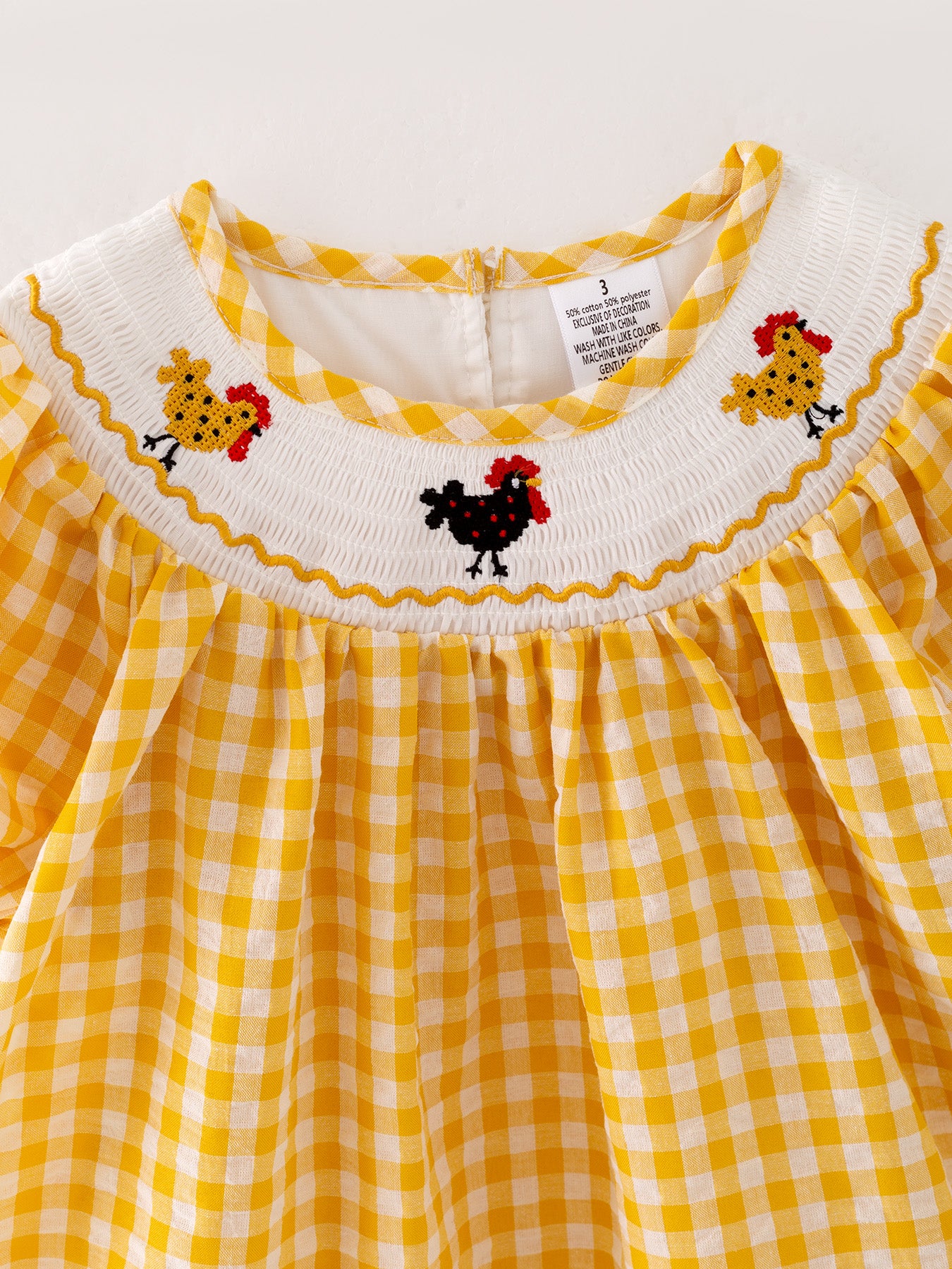 Chicken Smocking Embroidered Yellow Plaid Girls Dress - Image 3