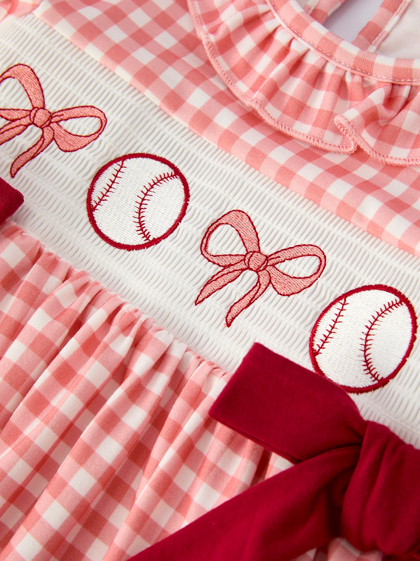 Baseball Embroidery Smocked Ruffle Plaid Girl Dress - Image 4