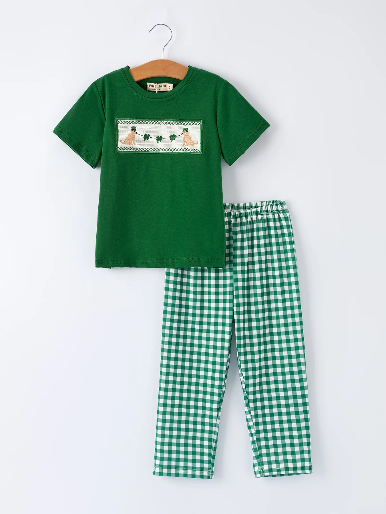 Boys St. Patrick’s Day Shamrock Puppy Smocked Plaid Set - Image 6