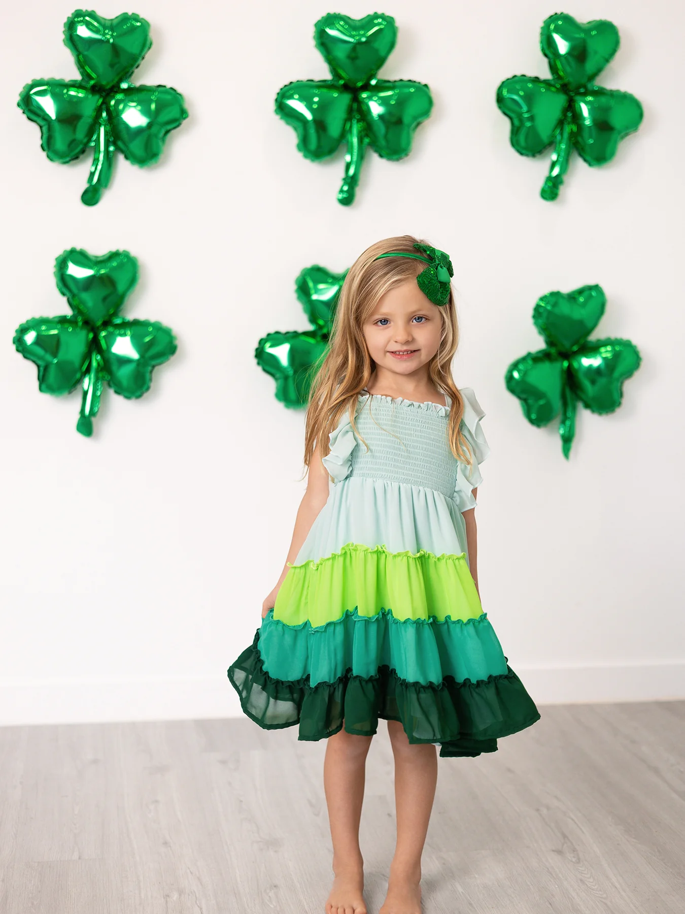 St. Patrick's Day Ombre Ruffle Dress for Girls – Green Gradient Layers - Image 9