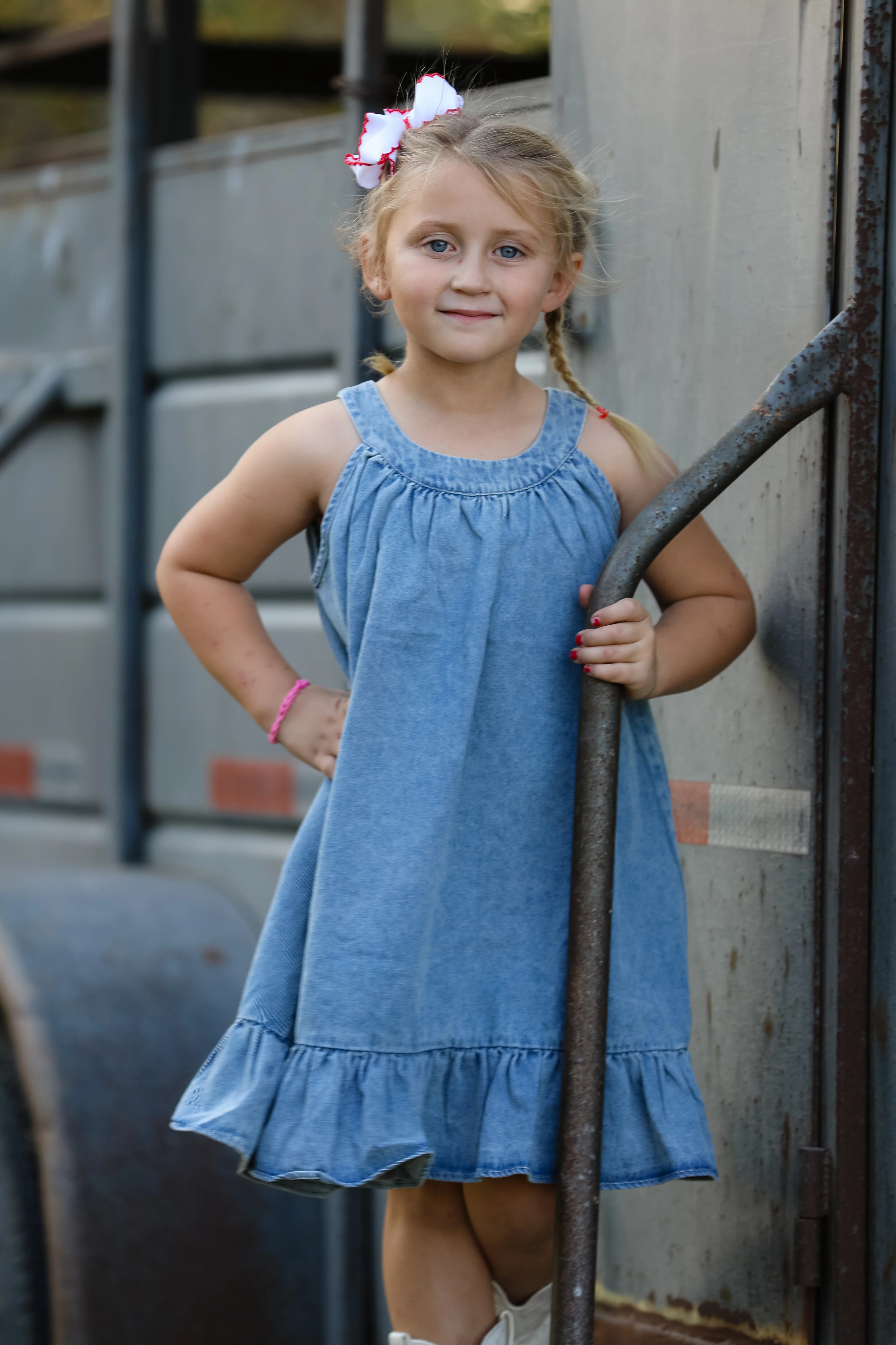Girls Denim Ruffle Trim A-Line Dress - Image 3