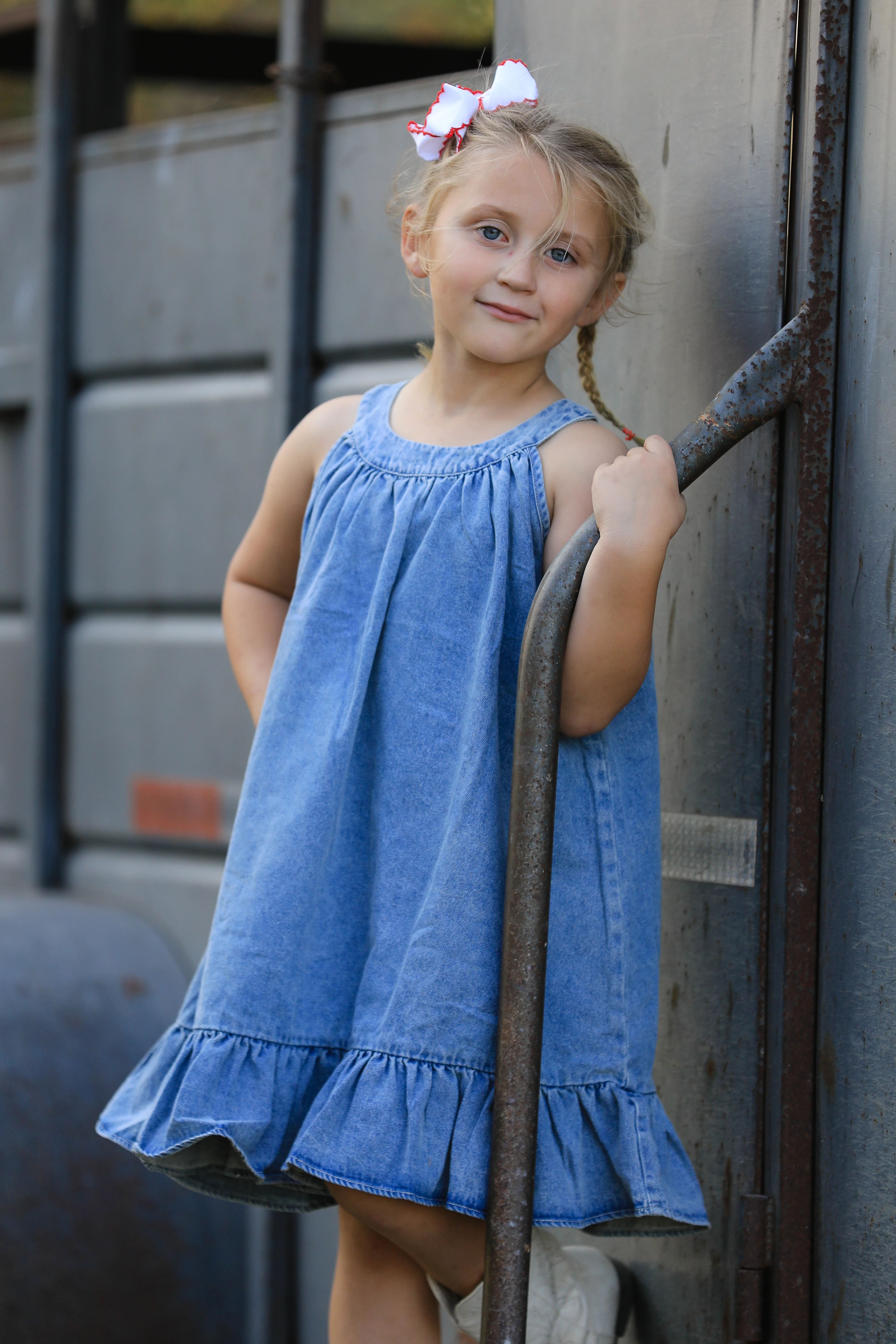 Girls Denim Ruffle Trim A-Line Dress - Image 4